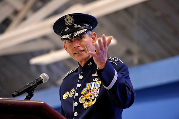 Gen. Norton Schwartz addresses the audience during the Air Force chief of staff transition ceremony at Joint Base Andrews, Md., Aug. 10, 2012. Schwartz served in the Air Force for 39 years, the last four years as the Air Force's senior uniformed leader. (U.S. Air Force photo/Michael J. Pausic)