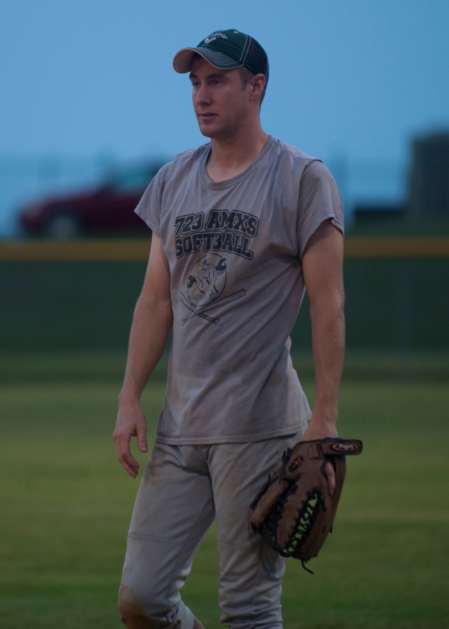 Joshua Wynne, 723d Aircraft Maintenance Squadron communication systems journeyman, is positioned in the outfield during the 2012 Moody Intramural Softball Championship game Aug. 8, 2012, at Moody Air Force Base, Ga. Team 723 AMXS competed against the 23d Equipment Maintenance Squadron, or Team EMS, and took first place with a score of 15-13. (U.S. Air Force photo by Senior Airman Eileen Meier/Released)