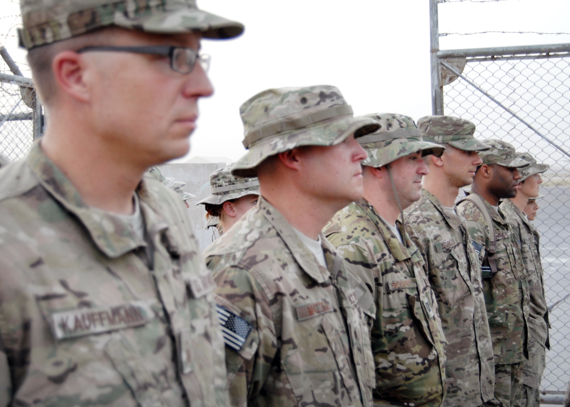 Airmen from the 651st Expeditionary Aeromedical Evacuation Squadron form up prior to the retreat ceremony at Kandahar Airfield, Afghanistan, Aug. 4, 2012. (U.S. Air Force photo/Master Sgt. Russell Martin)