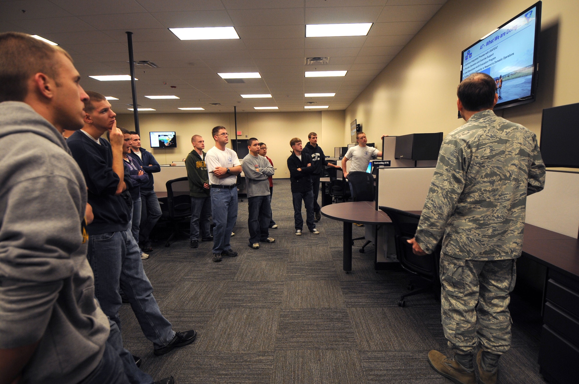 The 217th Air Operations Group, Battle Creek Air National Guard, hosted their first open house since reconstruction of their new facilities on Saturday, June 2, 2012 at the 110th Airlift Wing Battle Creek Air National Guard Base, Mich. Servicemembers and their families were able to tour both of the newly reconstructed buildings recieving mission briefings from multiple components of the Air Operations Group to include the Air Operations Center (AOC) floor. (Air National Guard Photos by Master Sgt. Sonia Pawloski/Released)