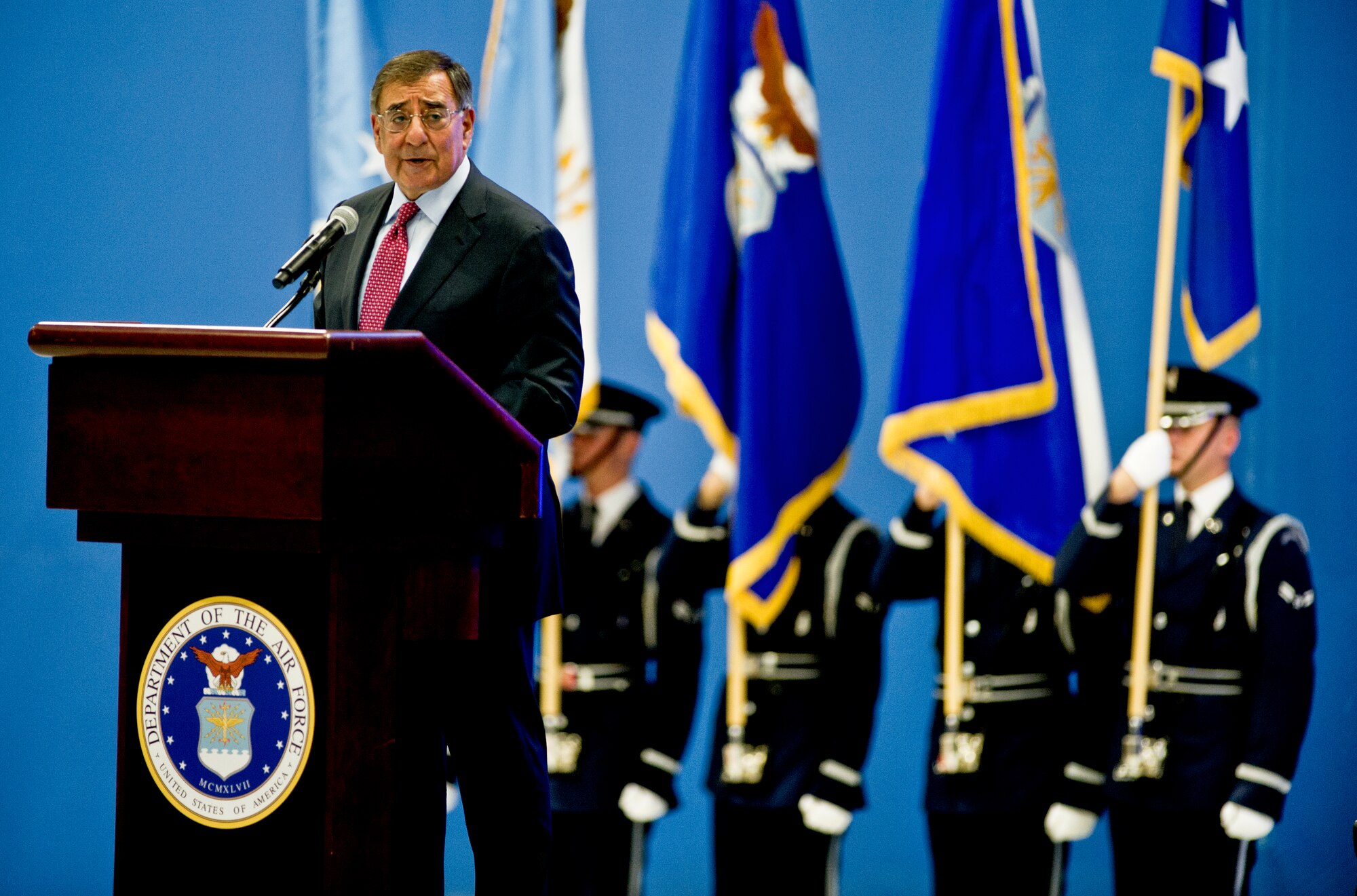 Defense Secretary Leon E. Panetta delivers remarks at the Air Force Retirement and Appointment Ceremony, where Air Force Gen. Mark A. Welsh III succeeded Air Force Chief of Staff Gen. Norton A. Schwartz as the 20th chief of staff on Joint Base Andrews, Md., Aug. 10, 2012. (DOD photo by U.S. Navy Petty Officer 1st Class Chad J. McNeeley)