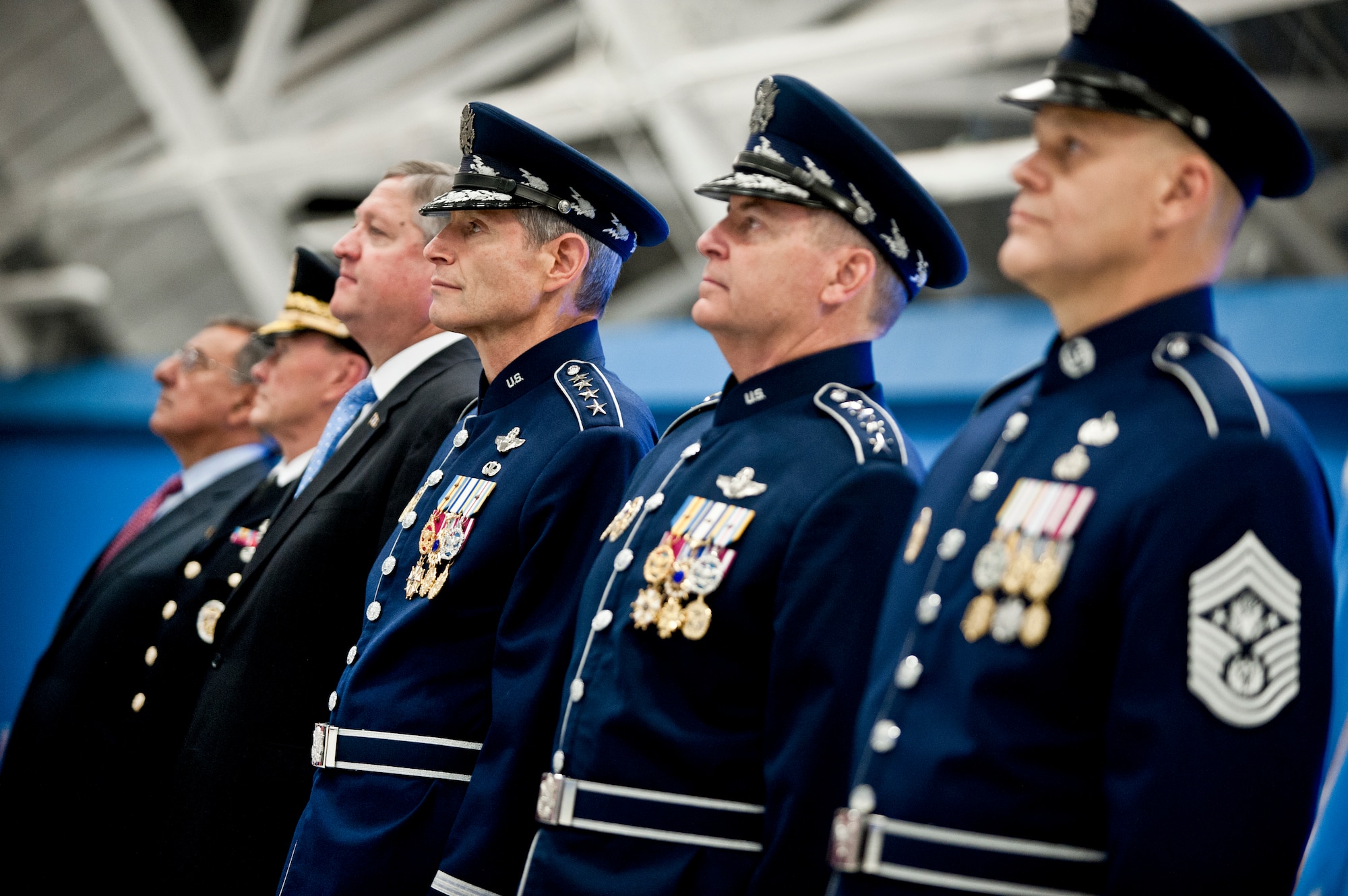 From left to right, Defense Secretary Leon E. Panetta; Army Gen. Martin E. Dempsey, chairman of the Joint Chiefs of Staff; Air Force Secretary Michael B. Donley; Air Force Chief of Staff Gen. Norton A. Schwartz; Air Force Gen. Mark A. Welsh III; and James A. Roy, Chief Master Sergeant of the Air Force, arrive at the transition ceremonies, where Welsh succeeded Schwartz as the 20th chief of staff on Joint Base Andrews, Md., Aug. 10, 2012. (DOD photo by U.S. Navy Petty Officer 1st Class Chad J. McNeeley)