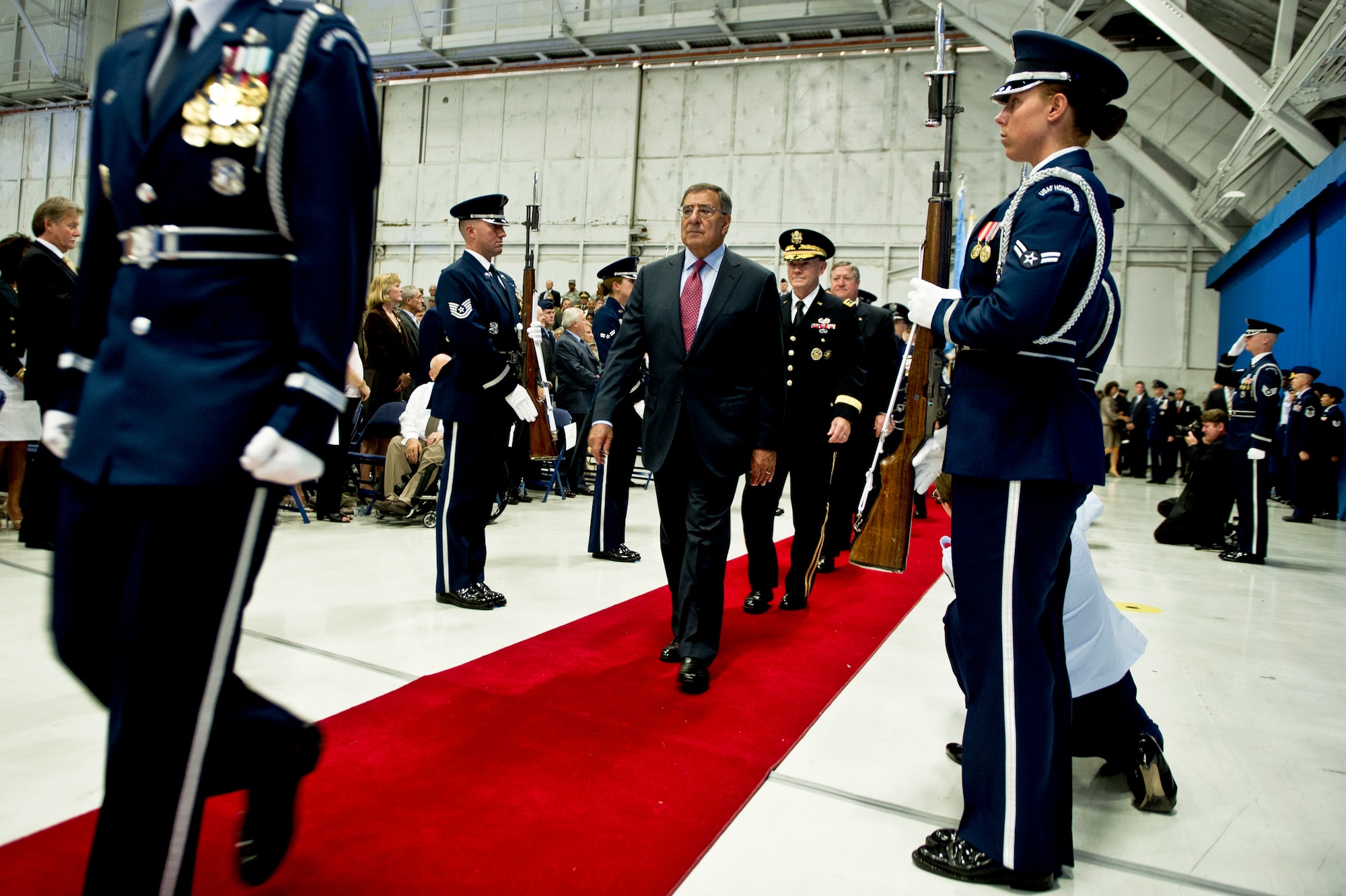Defense Secretary Leon E. Panetta and Army Gen. Martin E. Dempsey, chairman of the Joint Chiefs of Staff, arrive at the Air Force transition ceremonies, where Air Force Gen. Mark A. Welsh III succeeded Air Force Chief of Staff Gen. Norton A. Schwartz as the 20th chief of staff on Joint Base Andrews, Md., Aug.10, 2012. DOD photo by U.S. Navy Petty Officer 1st Class Chad J. McNeeley