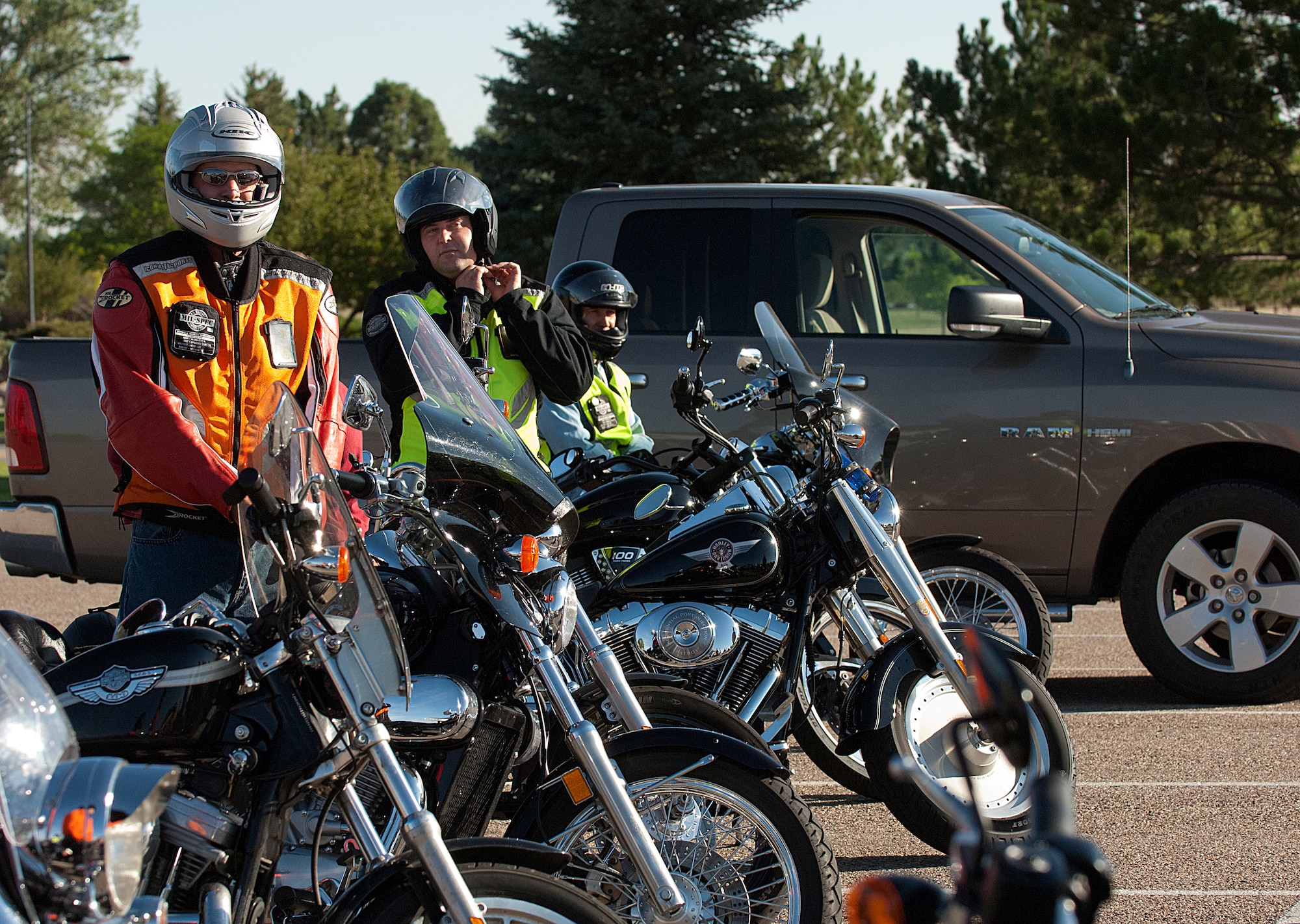 Some of the F. E. Warren motorcyclists taking part in the Command Chief Motorcycle Mentorship Ride get ready to get on the road Aug 3, in the Trail’s End Club parking lot. (U.S. Air Force photo by R.J. Oriez)
