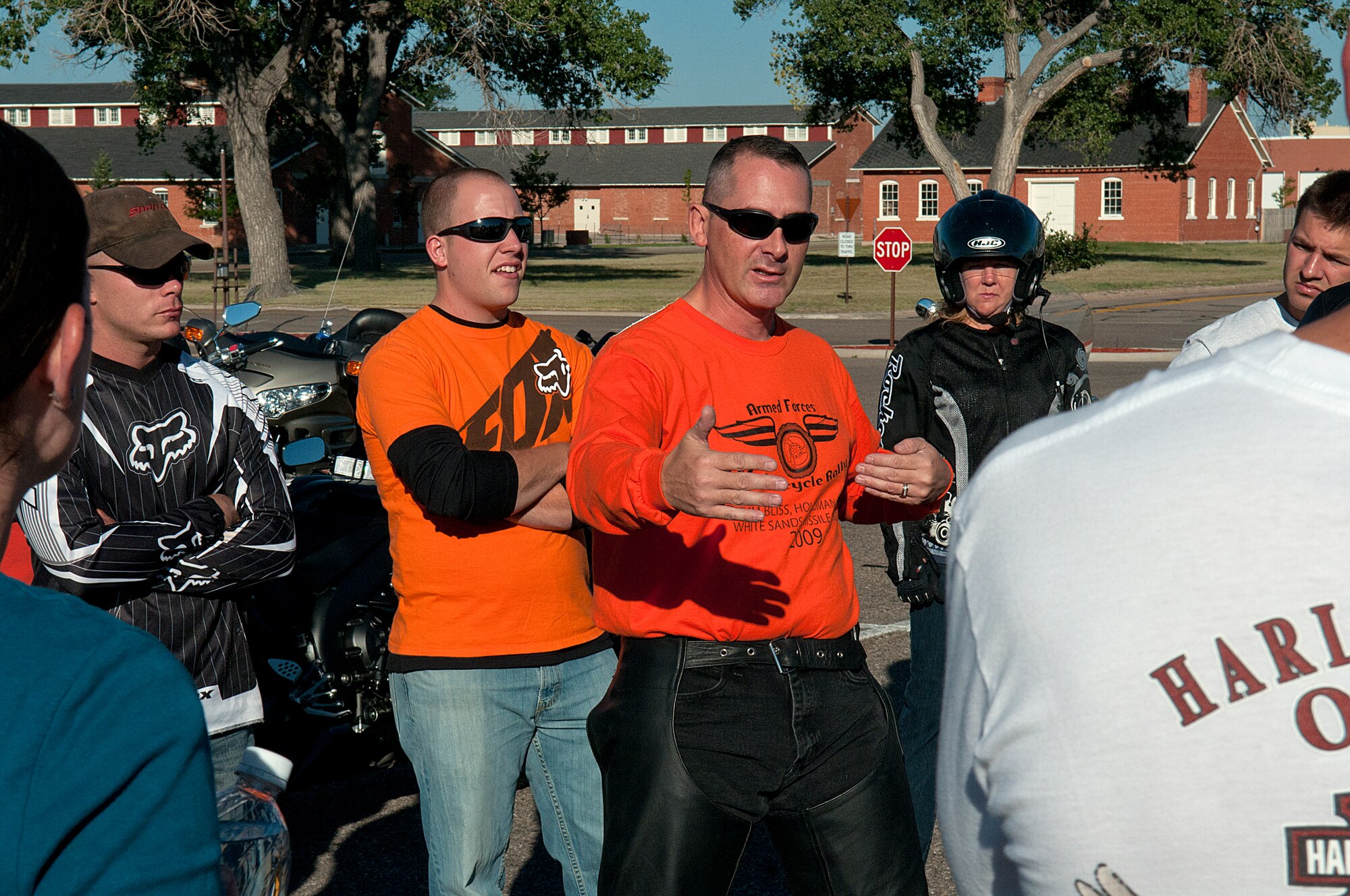Capt. Brent Smith, 90th Force Support Squadron, gives pointers on riding in a pack to F. E. Warren motorcyclists Aug 3, in the Trail’s End Club parking lot before the start of the Command Chief Motorcycle Mentorship Ride. The 90th Missile Wing safety office organized the ride to help younger riders learn from more experienced riders. (U.S. Air Force photo by R.J. Oriez)
