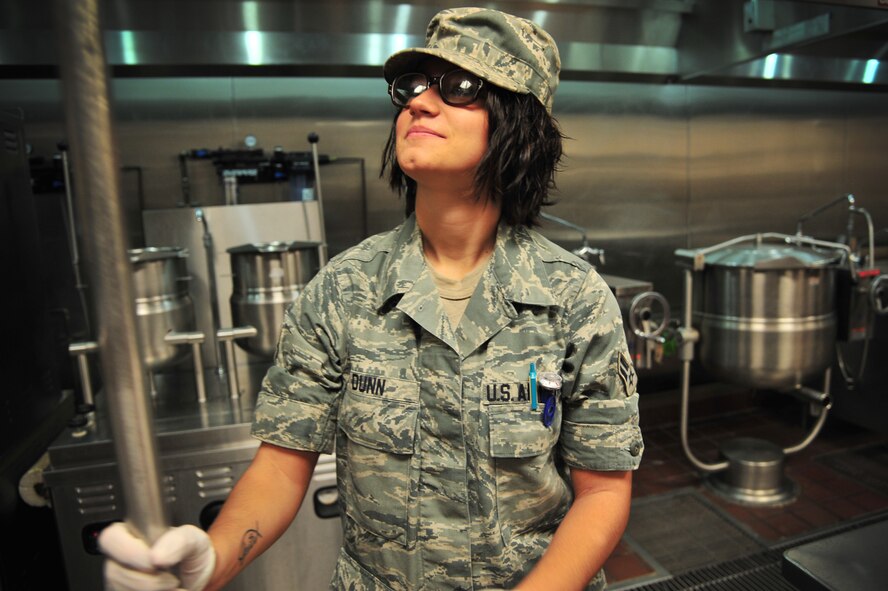 U.S. Air Force Airman 1st Class Jessica Dunn, 27th Special Operations Force Support Squadron, arrives early to work for breakfast preparation in the Pecos Trail Dining Facility at Cannon Air Force Base, N.M., Aug. 9, 2012. Airmen working in the facility directly impact half the base populace and pride themselves on providing superior customer service and improving quality of life for base personnel.  (U.S. Air Force photo/Airman 1st Class Alexxis Pons Abascal)  