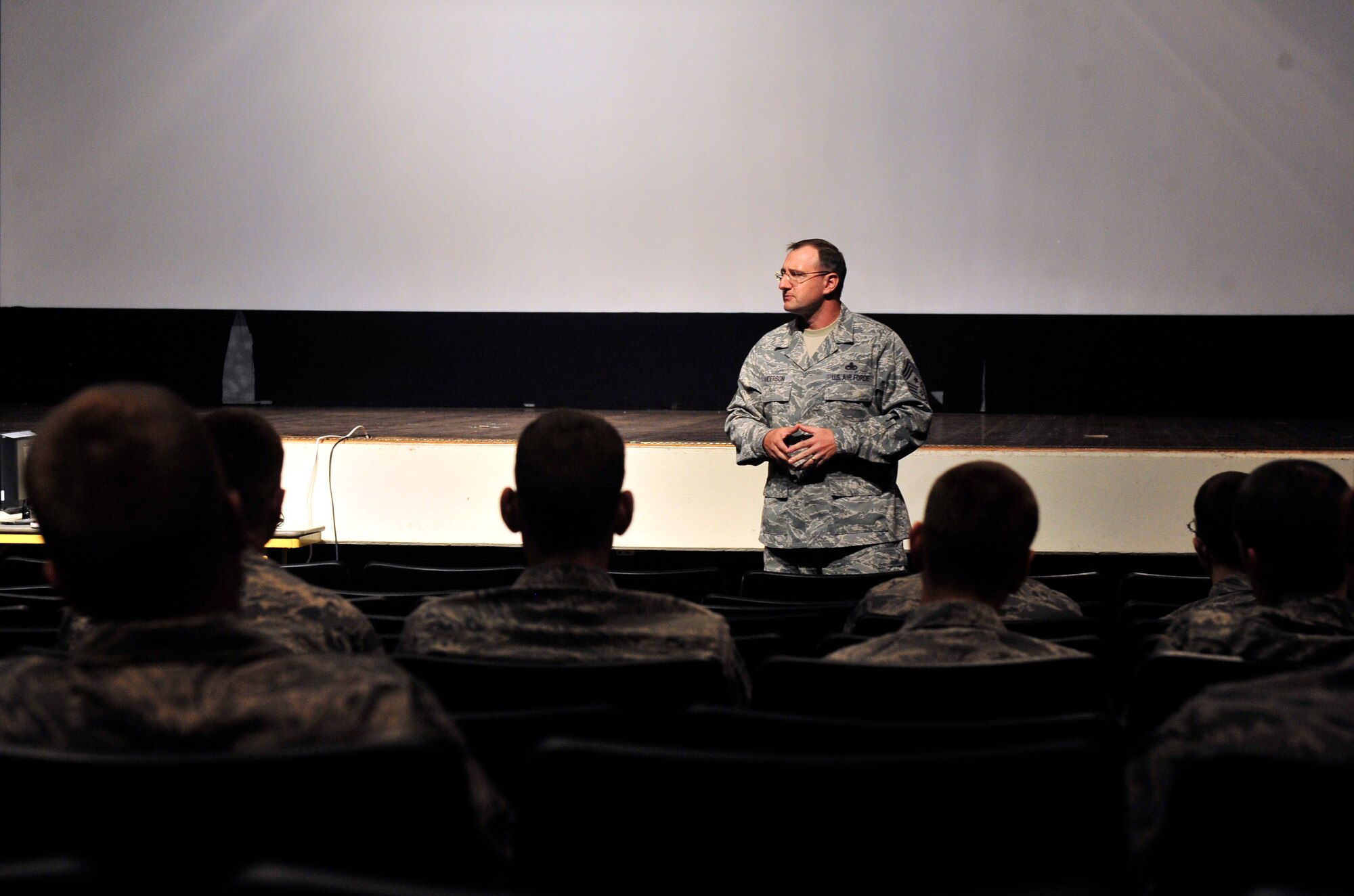 Chief Master Sgt. Marty Anderson, 375th Air Mobility Wing command chief, speaks to first term Airmen during the First Four Airmen Leadership Conference (FALCON) opening ceremony Aug 8 on Scott Air Force Base, Ill.,  about why they are attending the course and how are they going to utilize the information to help make a difference on. The conference, the first of its kind on Scott, was designed for first-term Airmen by first-term Airmen to help them learn networking, professional development and self-improvement skills through 1 hour briefings of their topic choice by senior enlisted members. (U.S. Air Force photo/ Staff Sgt. Stephenie Wade)
