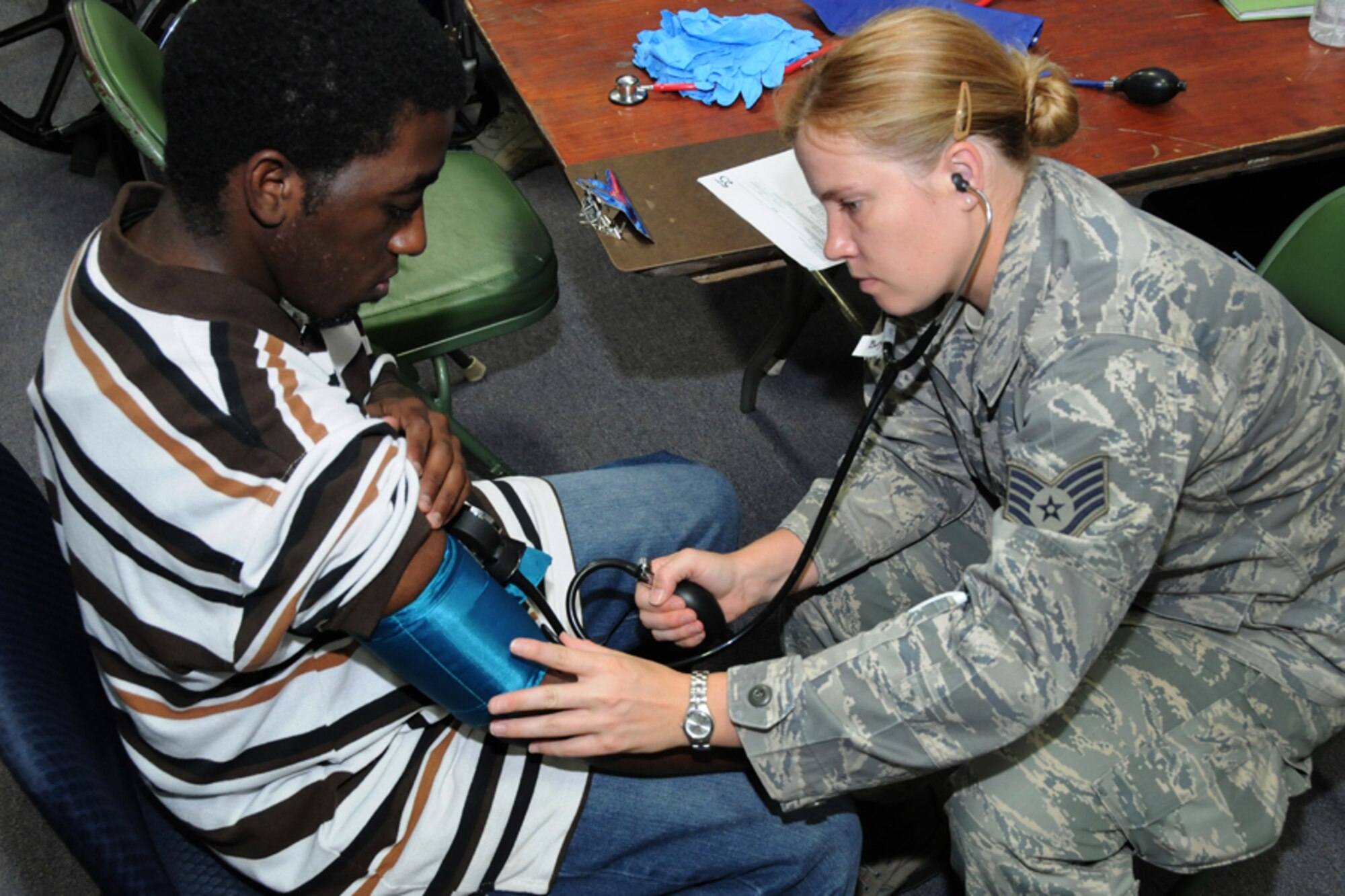 Staff Sgt. Lauren Burgess, 172nd Airlift Squadron, Michigan Air National Guard, checks the blood pressure of an Alabama resident at a Selma medical clinic during the Innovative Readiness Training mission Alabama Care 2012 in Selma, Ala. Aug. 8, 2012. IRT Alabama Care 2012 is an Air National Guard led, multiservice mission comprised of active, reserve, and National Guard members from Army, Navy and Air Force components providing service members with readiness training while providing Alabama residents with free health services such as dental, optometry and medical screenings in the medically underserved and economically depressed community of Selma, Ala. Aug. 7-14, 2012. (National Guard photo by Tech. Sgt. Melissa E. Chatham/RELEASED)