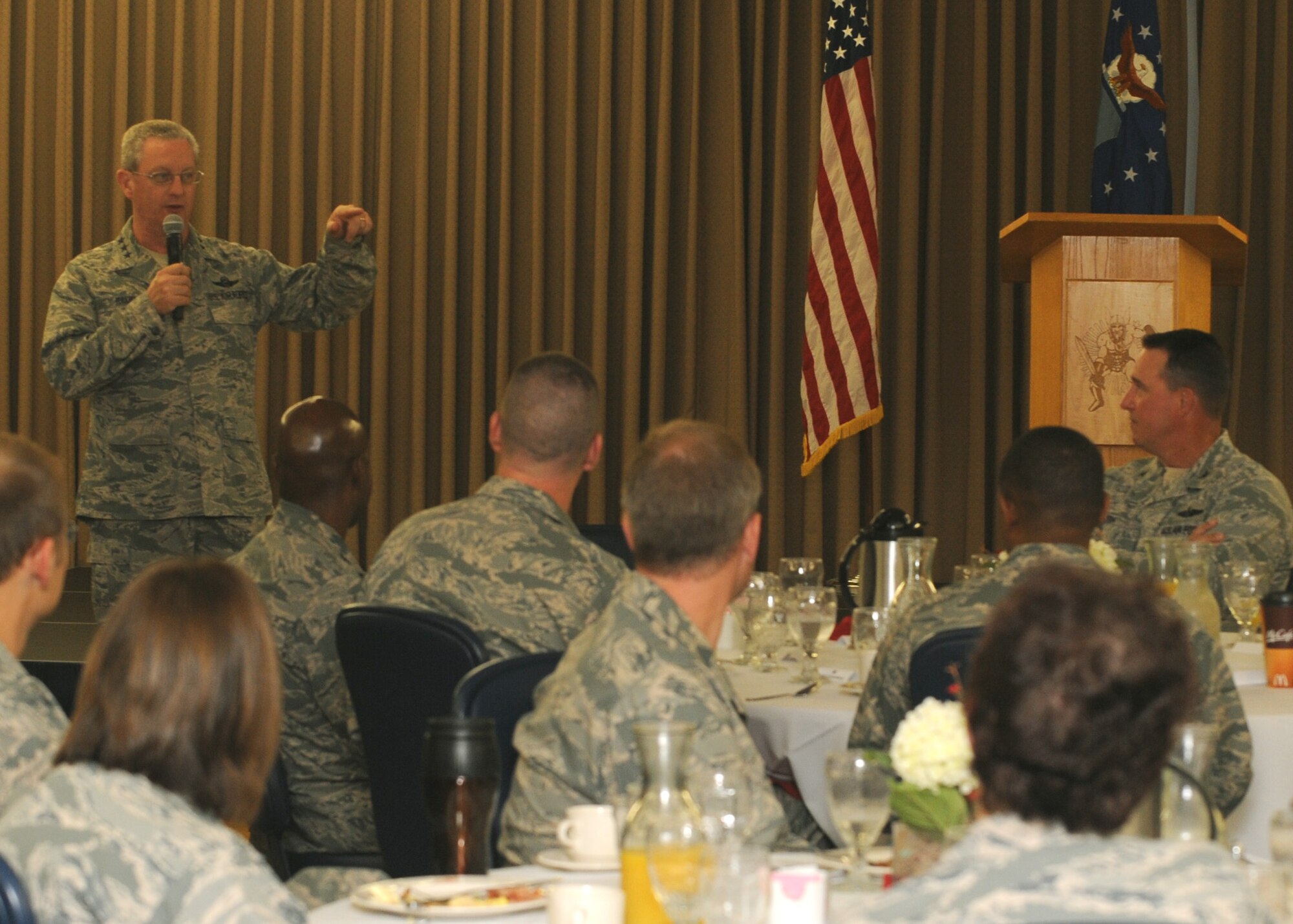 Lt. Gen. Mark F. Ramsay, director of Force Structure, Resources and Assessment for the Joint Staff at the Pentagon, speaks to officers during a breakfast on Grand Forks Air Force Base, N.D., Aug. 8, 2012. General Ramsay spoke about leadership and answered questions about Air Force policy and his time as a former wing commander of the 319th Air Refueling Wing. (U.S. Air Force photo/Senior Airman Amber Bennett)