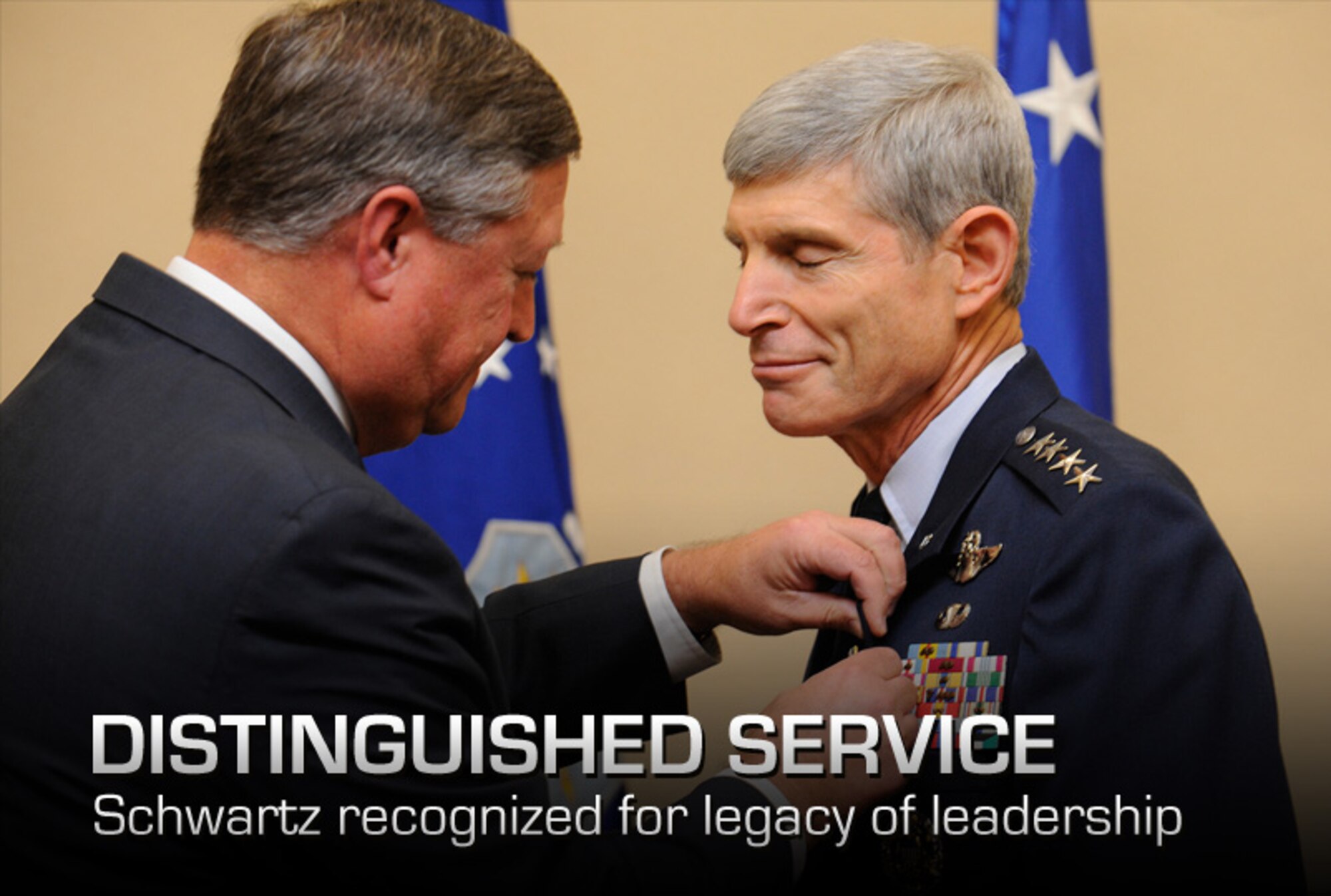 Secretary of the Air Force Michael Donley presents the Distinguished Service Medal to Air Force Chief of Staff Gen. Norton Schwartz in a ceremony at Joint Base Andrews, Md., on Aug. 9, 2012.  (U.S. Air Force photo/Scott M. Ash)