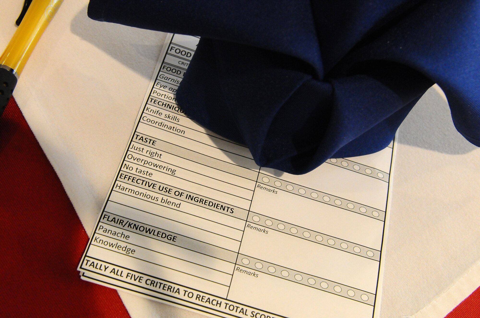 Score cards were given to judges to grade each meal based on appearance, technique, taste, flair and effective use of ingredients. The Company Grade Officer Council took top honors at the event. (U.S. Air Force photo/Senior Airman Katherine Windish)