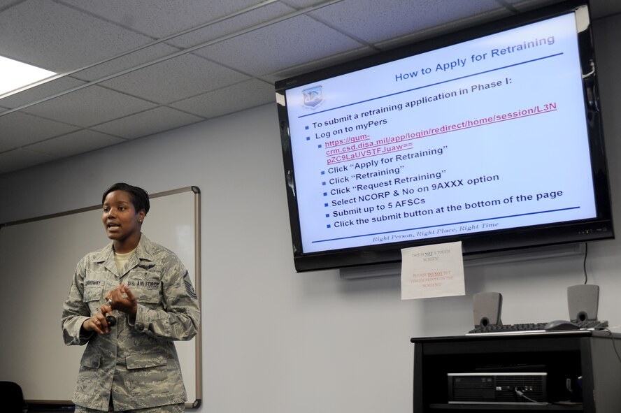 U.S. Air Force Master Sgt. LaTasha Carroway, Seymour Johnson's career assistance advisor, conducts a retraining briefing in the Airman Leadership School auditorium on Seymour Johnson Air Force Base, N.C., Aug. 8, 2012. Approximately 90 members of Team Seymour will be retrained as part of the 2012 NCO retraining program. (U.S. Air Force photo/Airman 1st Class John Nieves Camacho/Released)