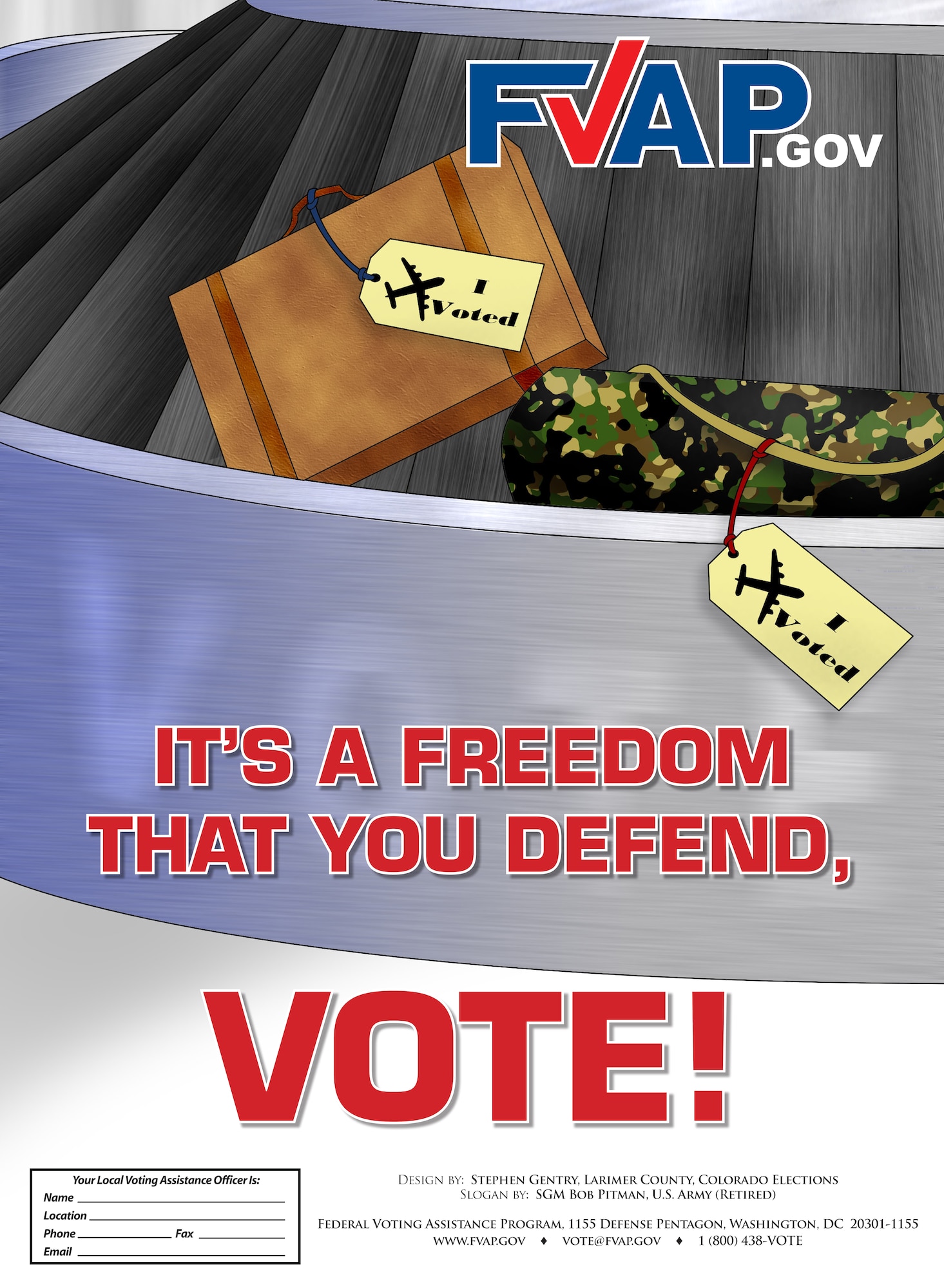 The general election is 90 days away. To register, request a ballot, and vote absentee go to www.FVAP.gov to complete a Federal Post Card Application (FPCA). It takes less than 10 minutes to complete using the online registration and absentee ballot assistant. For more information on the Federal Voting Assistance Program or help with the absentee voting process, contact FVAP at 1-800-438-8683, DSN 425-1584, or at vote@fvap.gov. And don't forget your unit or installation voting assistance officers. More information is available at FVAP.gov, and don’t forget to “like” us on Facebook at www.facebook.com/DoDFVAP and follow us on Twitter @FVAP.