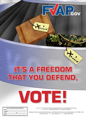 The general election is less than 60 days away. To register, request a ballot, and vote absentee go to www.FVAP.gov to complete a Federal Post Card Application (FPCA). It takes less than 10 minutes to complete using the online registration and absentee ballot assistant. For more information on the Federal Voting Assistance Program or help with the absentee voting process, contact FVAP at 1-800-438-8683, DSN 425-1584, or at vote@fvap.gov. And don't forget your unit or installation voting assistance officers. More information is available at FVAP.gov, and don’t forget to “like” us on Facebook at www.facebook.com/DoDFVAP and follow us on Twitter @FVAP. 
