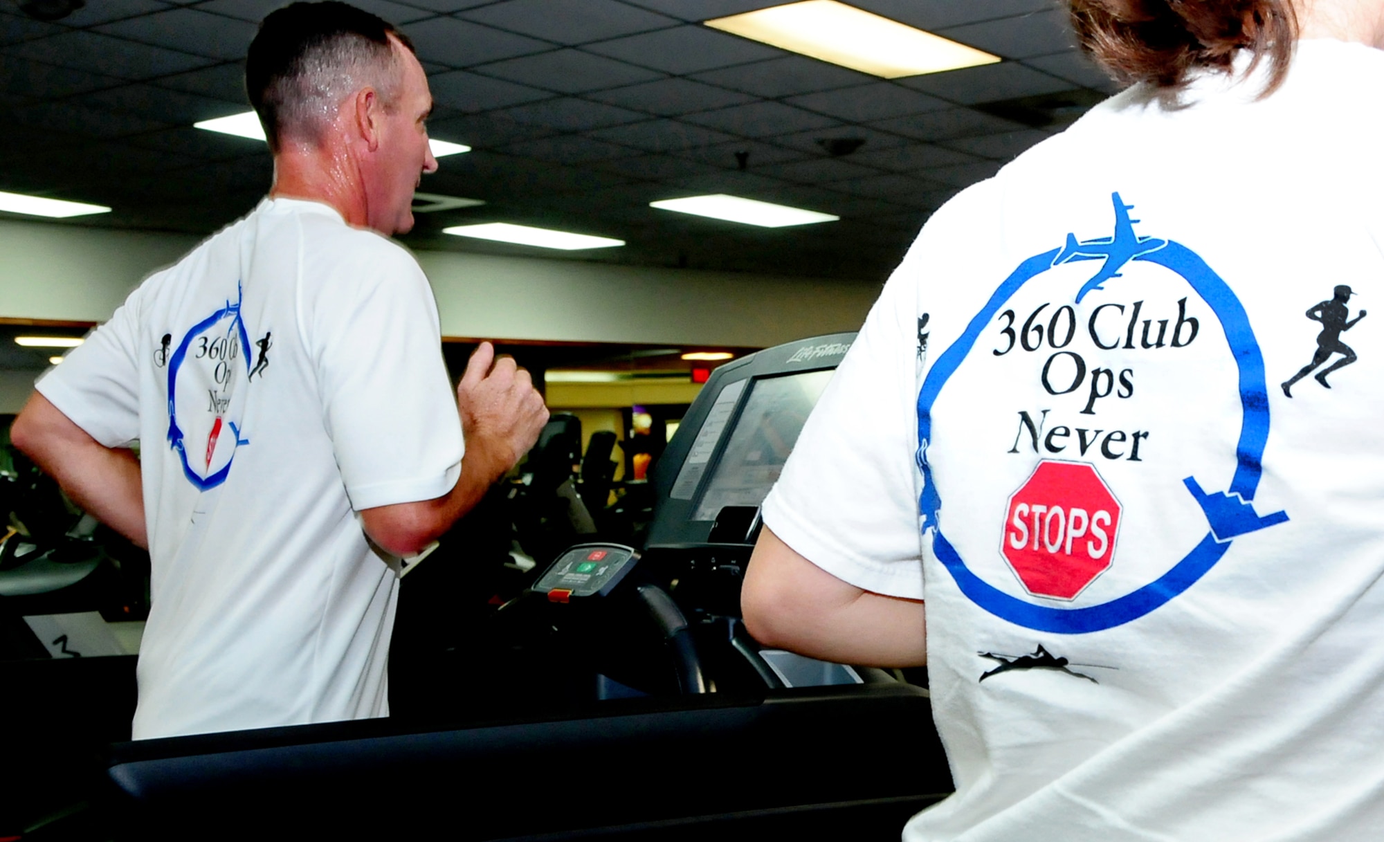 ANDERSEN AIR FORCE BASE, Guam – Members of the 36th Operations Group staff wear their 360 challenge shirts while they work out as sign of accomplishing the challenge and in support of the program’s healthy cause. With physical fitness being a huge part of Airmen’s lives, along with the 36th Wing’s goal of getting 90 percent of the Airmen on base at 90 or above on their fitness tests, the 36th OG staff leads the way in getting creative for a healthy cause. (U.S. Air Force photo 