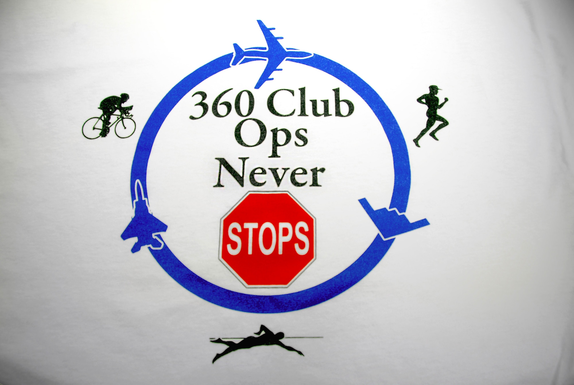 ANDERSEN AIR FORCE BASE, Guam – The 360 challenge shirt logo represent the 36th Operations Group as well as the three portions of the challenge: running, cycling and swimming. With physical fitness being a huge part of Airmen’s lives, along with the 36th Wing’s goal of getting 90 percent of the Airmen on base at 90 or above on their fitness tests, the 36th OG staff leads the way in getting creative for a healthy cause. (U.S. Air Force photo by Airman 1st Class Marianique Santos/Released)