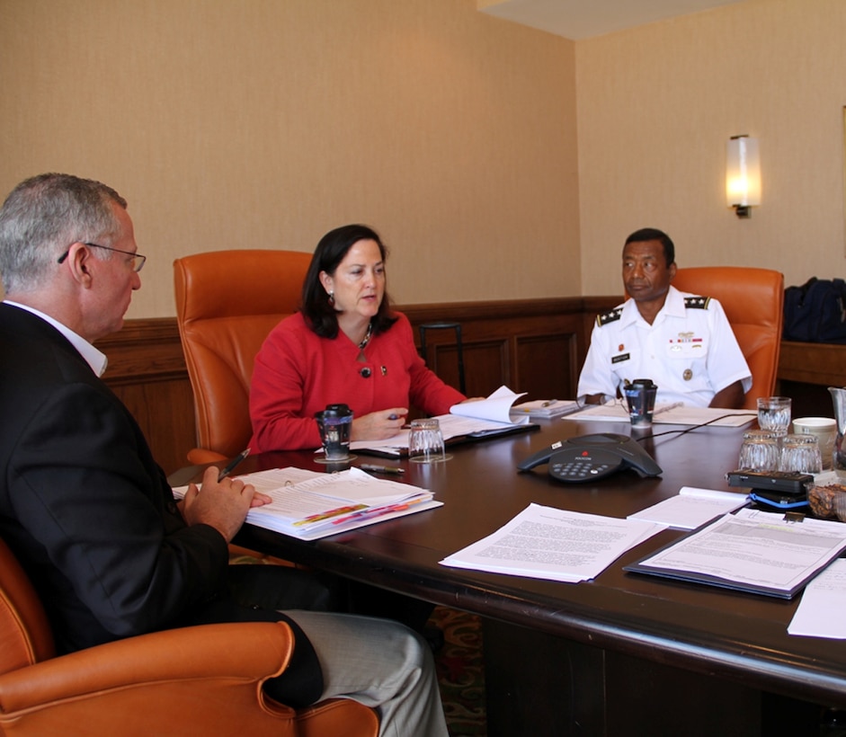 LITTLE ROCK, Arkansas — (From left) Mr. Stuart Hazlett, U.S. Army Corps of Engineers National Contracting Organization Director; Hon. Katherine Hammack, assistant secretary of the Army for installations, energy & environment; and Lt. Gen. Thomas P. Bostick, U.S. Army Corps of Engineers commanding general, answer media questions Aug. 7, 2012, after announcing the Army's $7B Multiple Award Task Order Contract, Request for Proposal.