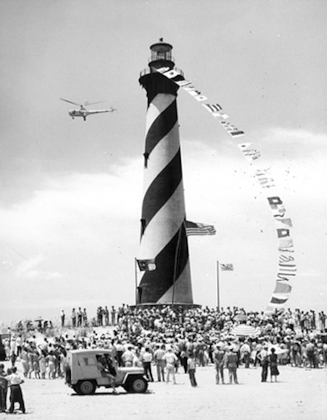 Cape Hatteras Light decorated for the U.S. Coast Guard 158th Anniversary Celebration in 1948.