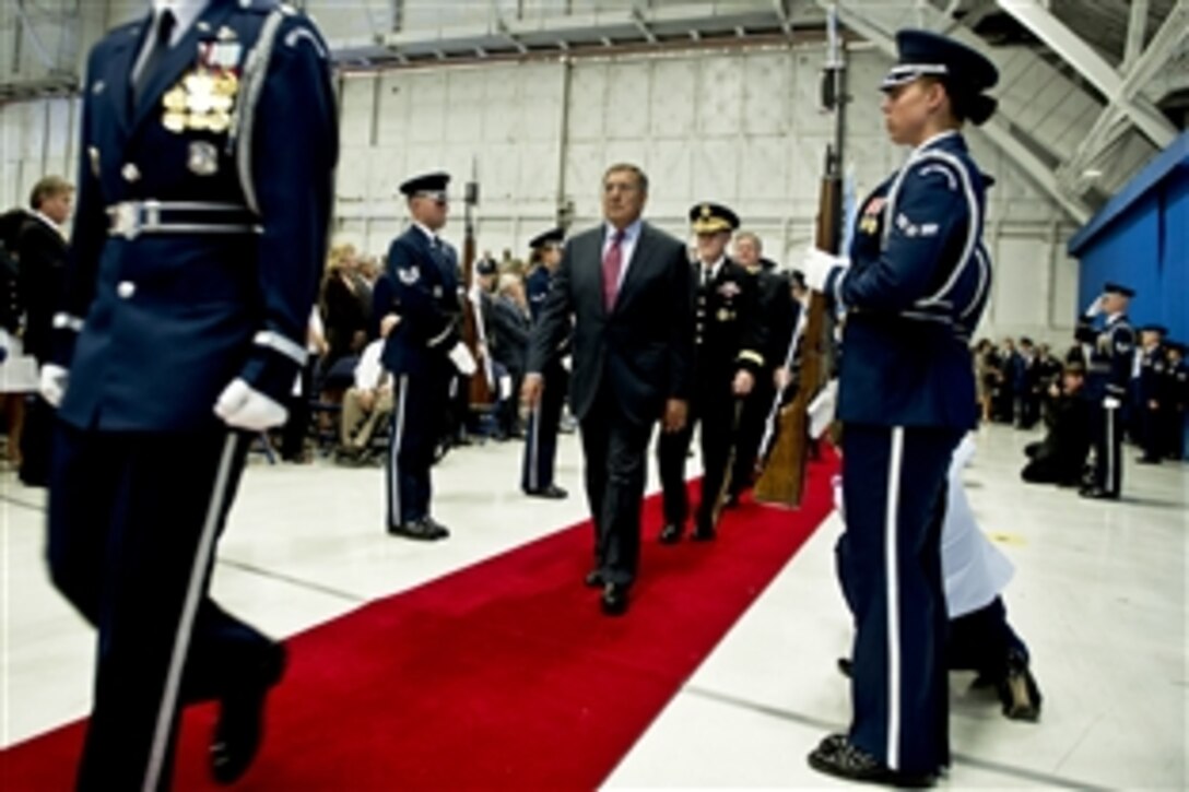 Defense Secretary Leon E. Panetta and Army Gen. Martin E. Dempsey, chairman of the Joint Chiefs of Staff, arrive at the Air Force transition ceremonies, where Air Force Gen. Mark A. Welsh III succeeded Air Force Chief of Staff Gen. Norton A. Schwartz as the 20th chief of staff on Joint Base Andrews, Md., Aug.10, 2012.