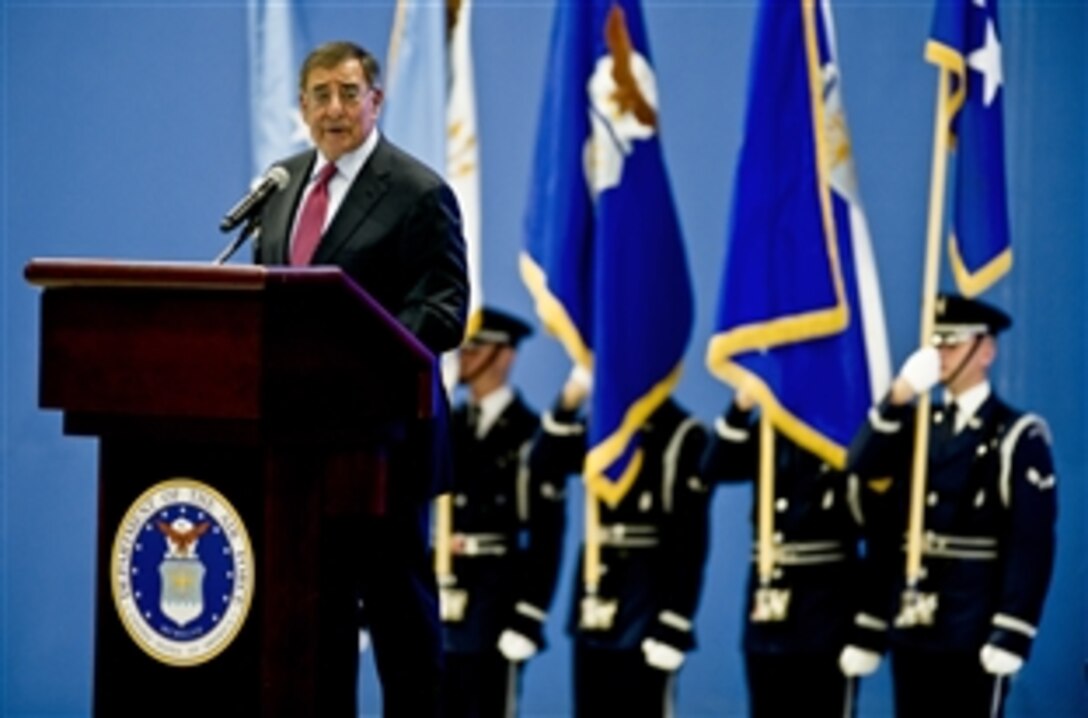 Defense Secretary Leon E. Panetta delivers remarks at the Air Force Retirement and Appointment Ceremony, where Air Force Gen. Mark A. Welsh III succeeded Air Force Chief of Staff Gen. Norton A. Schwartz as the 20th chief of staff on Joint Base Andrews, Md., Aug. 10, 2012.