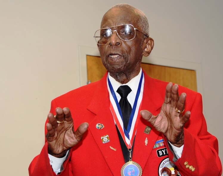 Tuskegee Airman Dr. Cyril O. Byron, Sr. addresses members of the 175th Wing of the Maryland Air National Guard Saturday, August 11th during roll call. Byron toured the base after helping with a promotion ceremony for Senior Master Sgt. Ed Bard. (National Guard photo Tech. Sgt. Chris Schepers)