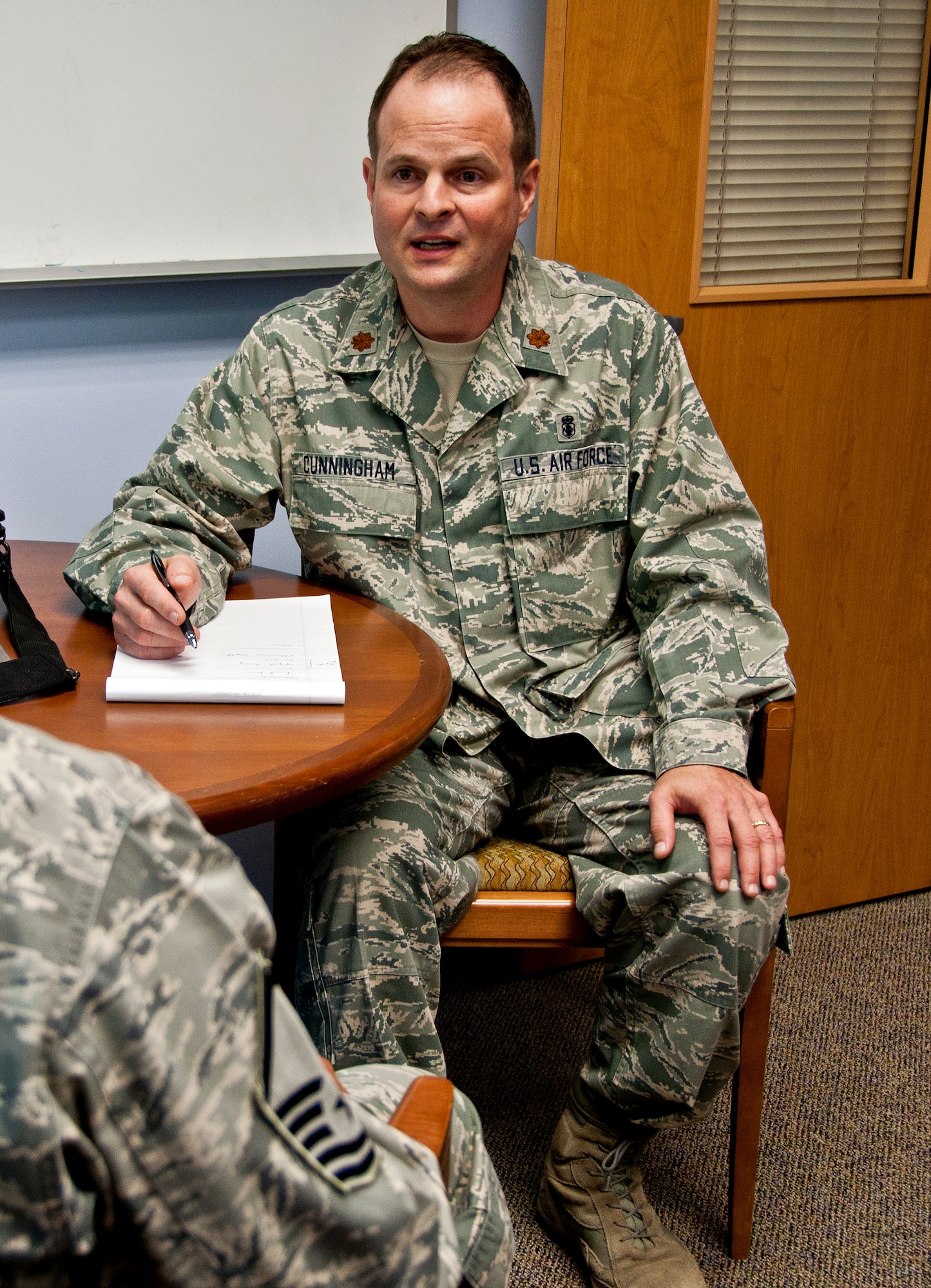 Maj. Brian Cunningham, 446th Aeromedical Staging Squadron mental health nurse, provides ongoing active support to the 446th Airlift Wing through assessment & support of airmen identified through post-deployment and annual screening with Mental Health concerns.  Cunningham is also a mental health nurse with the Veterans Administration in Ogden, Utah.  (U.S. Air Force photo by Tech. Sgt. Tanya King)
