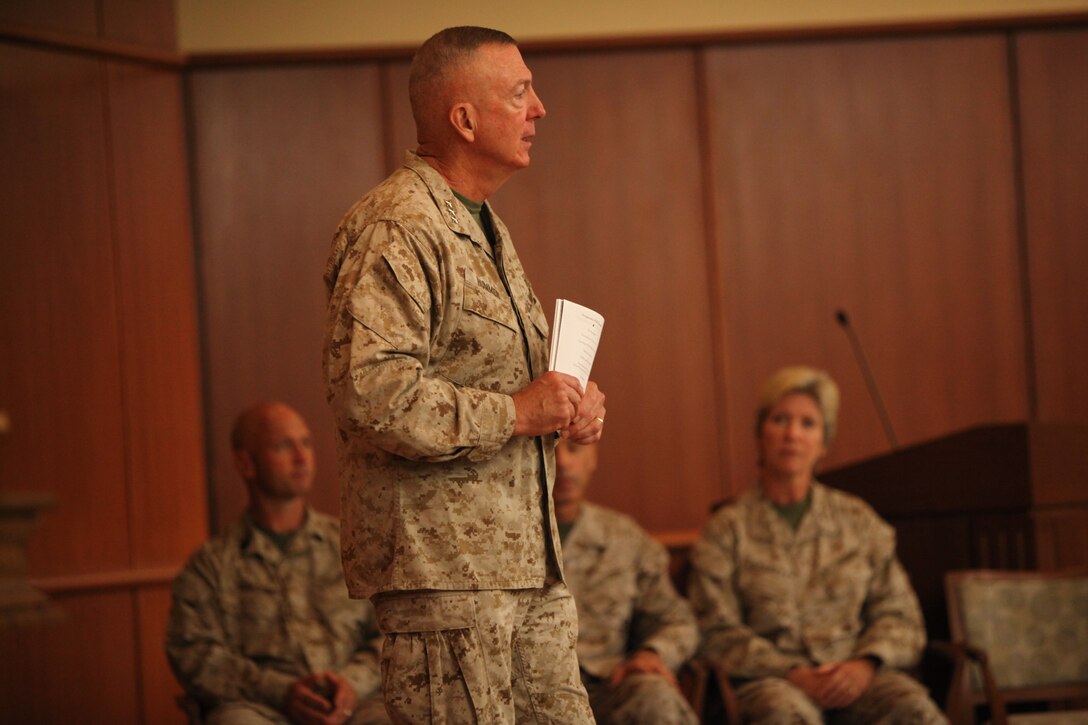 Lt. Gen. Steven A. Hummer, the commander of Marine Forces Reserve and Marine Forces North, talks to the audience before the Force Headquarters Group activation ceremony here, Aug. 6. During the ceremony, FHG was formally recognized as a new major subordinate command of Marine Forces Reserve and its first commander, Maj. Gen. Tracy L. Garrett, relinquished command to Brig. Gen. Paul. K. Lebidine, the former chief-of-staff for force command element, Javelin Thrust.
