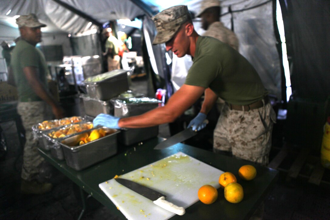 Sgt. Christopher Womack from 2nd Marine Logistic Group, Combat Logistics Regiment 27’s Food Service Company puts sliced oranges into a container for use as his company competes to represent II Marine Expeditionary Force for the Maj. Gen. W.P.T. Award for best field mess Aug. 7. The competition also gave Food Service Company the opportunity to present what they could offer to their commanders.  