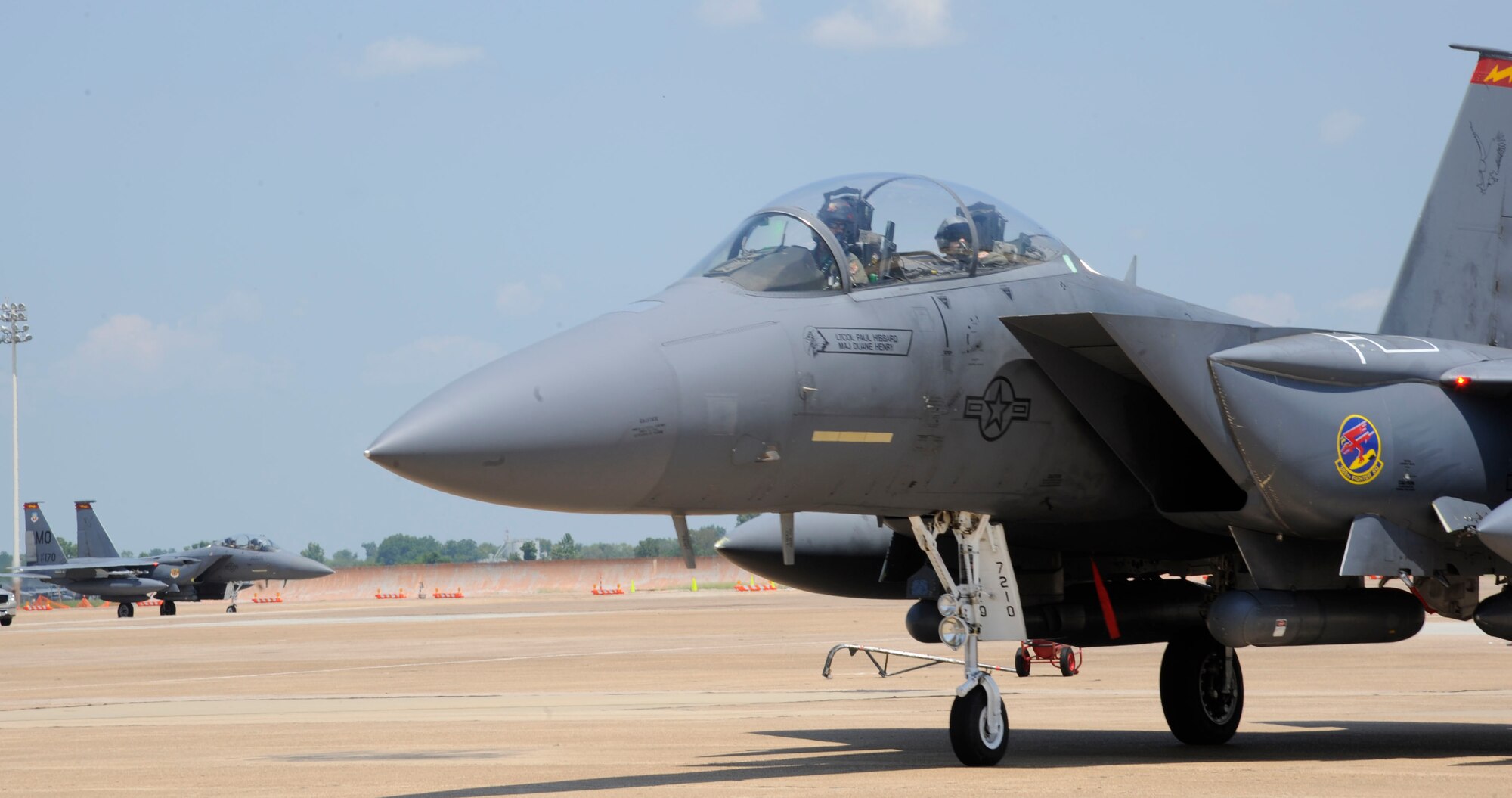 F-15E Strike Eagles assigned to the 389th Fighter Squadron based out of Mountain Home Air Force Base, Id., taxi down the flightline on Barksdale Air Force Base, La., Aug. 9. Its ability to project air superiority and perform its role of air interdiction proves it as one of the best aircraft applicants have to choose from. (U.S. Air Force photo/Airman 1st Class Andrew Moua)(RELEASED)