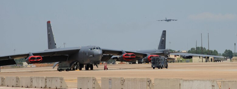 B-52H Stratofortress? sit on the flightline awaiting maintenance on Barksdale Air Force Base, La., Aug. 9. The B-52H is one of many airframes potential aircrew can choose from during Undergraduate Pilot Training. With its ability to strike anywhere around the globe, the B-52H has stood the test of time. (U.S. Air Force photo/Airman 1st Class Andrew Moua)(RELEASED)