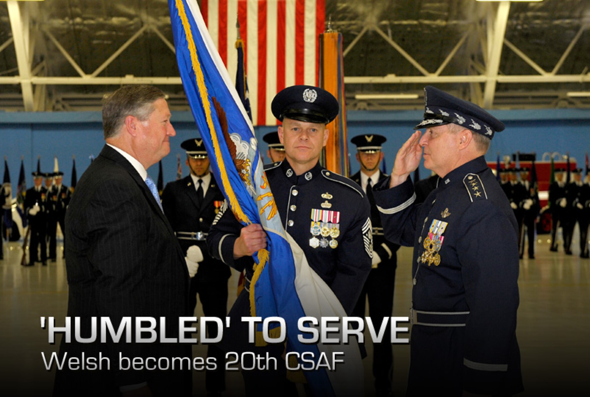 Secretary of the Air Force Michael Donley passes the chief of staff flag to Gen. Mark A. Welsh III during a ceremony at Joint Base Andrews, Md., Aug. 10, 2012. Prior to his new position, Welsh was the commander of U. S. Air Forces in Europe. (U.S. Air Force photo/ Michael J. Pausic)