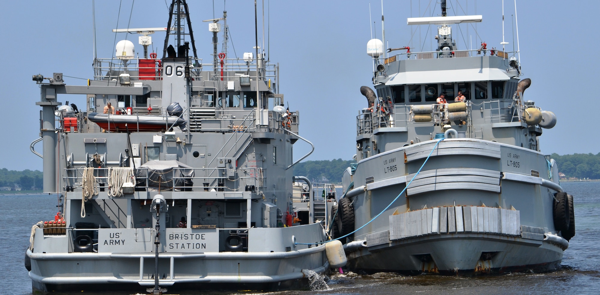 Large Tug 805, Maj. Gen. Winfield Scott (right) tows Landing Craft Utility 2006 during a training exercise held at U.S. Coast Guard Training Center Yorktown, Va., Aug. 3. The tug is one of the Army’s few active-duty tugboats. (U.S. Army photo by Sgt. Edwin Rodriguez/Released)