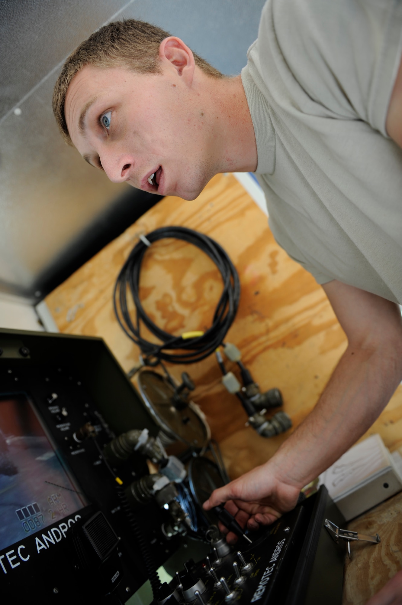 Senior Airman Travis Ditmanson, 886th Civil Engineer Squadron, explosive ordnance disposal specialist, Show British Royal Air Force cadets how to operate an EOD robot on Ramstein Air Base, Germany, Aug. 8, 2012. The Explosive Ordnance Disposal flight gave briefings to Royal Air Force cadets on different types of explosives and procedures used to protect themselves from improvised explosive devices when deployed. (U.S. Air Force photo/ Senior Airman Aaron-Forrest Wainwright)