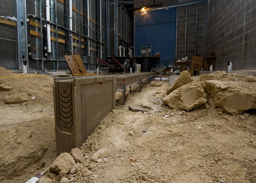 Renovations are taking place at the Dyess Fitness Center Aug. 10, 2012 at Dyess Air Force Base, Texas. The $680,000 project consists of fixing previous drainage issues in the male and female shower areas and completely gutting and redoing the saunas. (U.S. Air Force photo by Airman 1st Class Jonathan Stefanko/ Released)