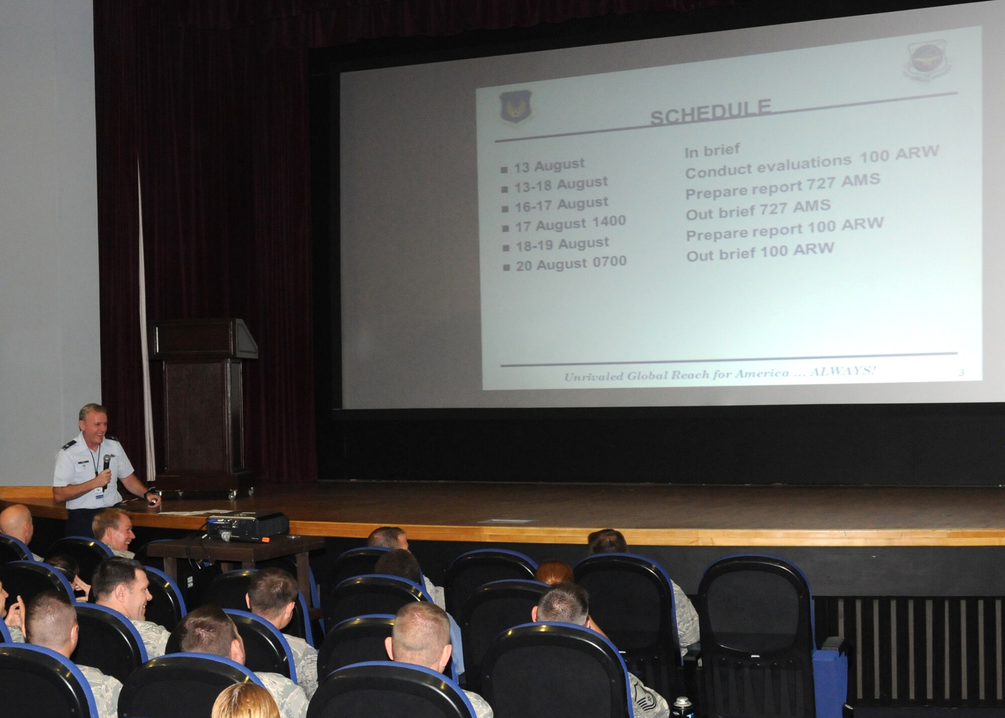 RAF MILDENHALL, England – Col. William Zeck, Logistics Compliance Assessment Program inspection team chief, briefs during the LCAP in-brief Aug. 13, 2012, at the RAF Mildenhall base theater. Approximately 20 inspectors are at the base, each assigned to a flight within the squadrons and group. (U.S. Air Force photo/Tech. Sgt. Neal X. Joiner)
