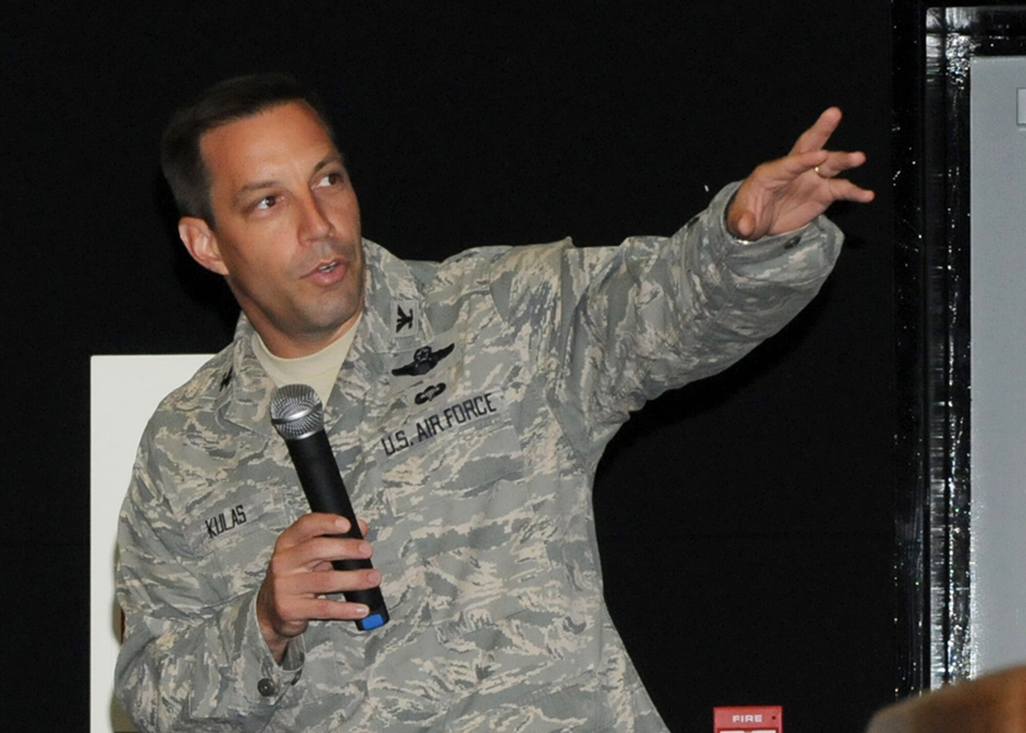 RAF MILDENHALL, England – Col. Christopher Kulas, 100th Air Refueling Wing commander, briefs during the Logistics Compliance Assessment Program inspection in-brief Aug. 13, 2012, in the RAF Mildenhall base theater. The LCAP is scheduled for Aug. 13 to 20, with the inspectors scheduled to visit the 100th Logistics Readiness Squadron, 100th Maintenance Group and the 727th Air Mobility Squadron. (U.S. Air Force photo/Tech. Sgt. Neal X. Joiner)