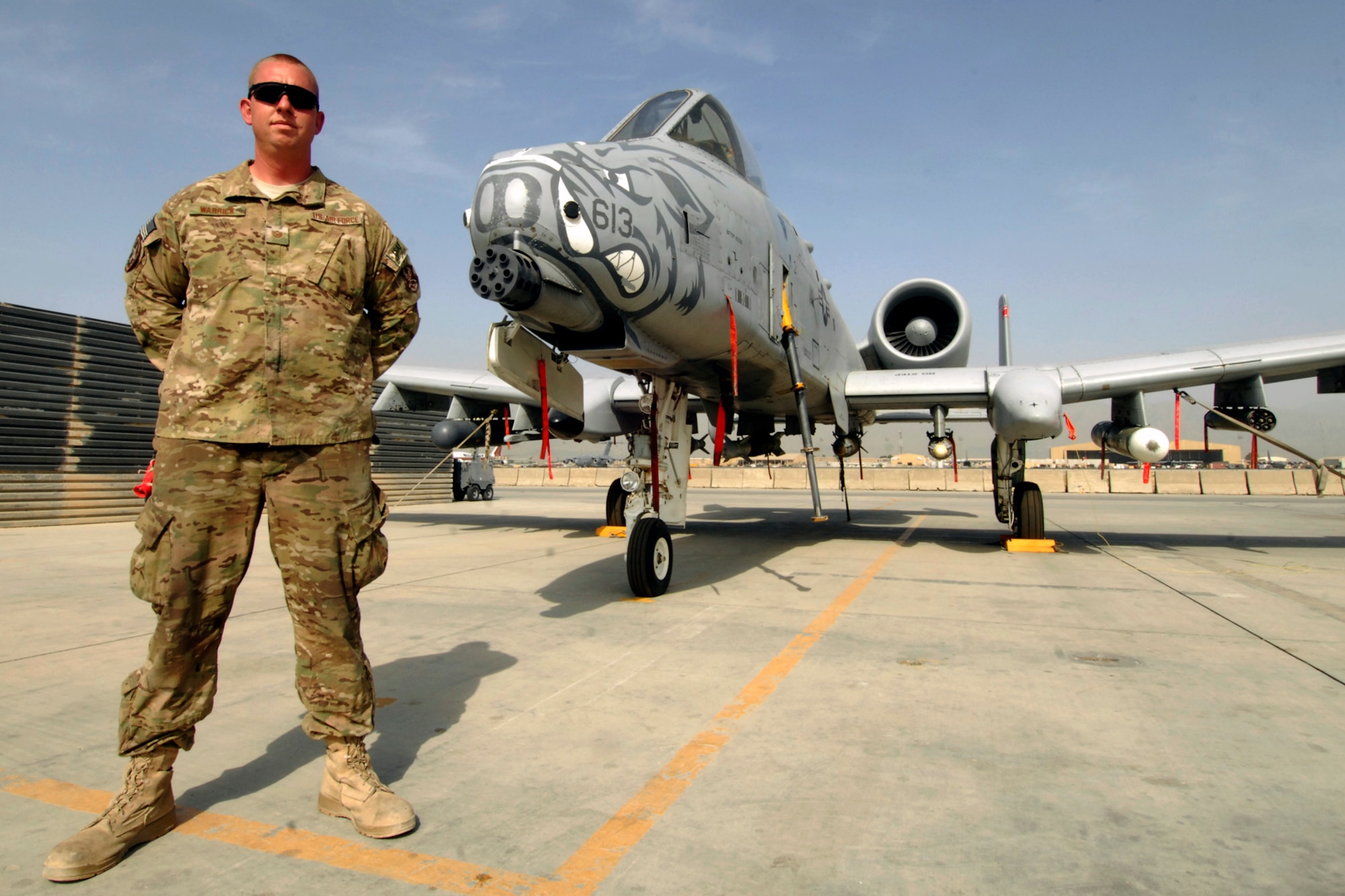 TSgt Leon Warrick, 455th Expeditionary Aircraft Maintenance Squadron aircraft crew chief poses in front of an A-10C Thunderbolt II, at Bagram Airfield, Afghanistan, Aug. 13, 2012. As a crew chief for the A-10C, Warrick’s primary duties include accomplishing all scheduled and non-scheduled inspections, the launch and recovery of aircraft, aircraft forms documentation, and the generation of a safe, quality, reliable weapons platform to accomplish the mission. While deployed to BAF, he has had 12 Personnel Evaluations and one Quality Verification Inspection assessment by Quality Assurance and has earned a 100% pass rate. (U.S. Air Force photo/SSgt Jeff Nevison)