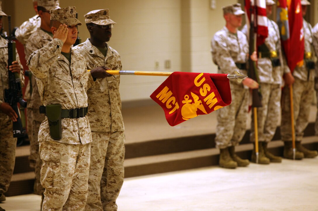 Marines stand at present arms during Marine Combat Training Battalion’s Assumption of Command ceremony aboard Camp Geiger Aug. 10. Marines practiced extensively for the event and were commended by the incoming and outgoing commanding officers of the battalion during the ceremony.