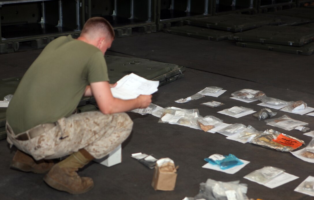 Cpl. Jonathon C. Head, a supply clerk with Combat Logistics Battalion 22, 2nd Marine Logistics Group, checks over a gear list in the CLB-22 supply warehouse on Camp Lejeune, N.C., Aug. 9, 2012.  Head is currently inventorying more than 20,000 items, and so far has corrected more than $200,000 worth of deficiencies. (U.S. Marine Corps photo by Sgt. Rachael K. A. Moore)