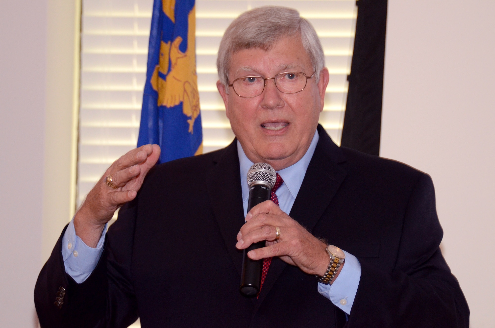 Clint Whitehead, communications manager speaks during his retirement ceremony at Dobbins Air Reserve Base, Aug. 9. Clint Whitehead is retiring from the 94th Communications Squadron after 43 years of combined military and federal service.  (U.S. Air Force photo/Brad Fallin)