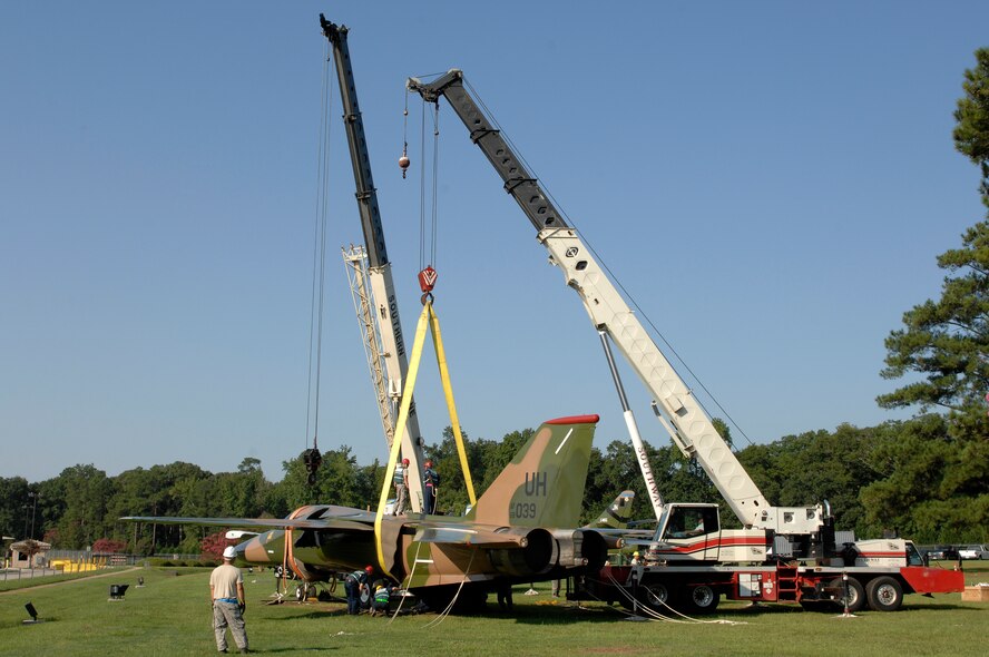 A F-111 Aardvark was mounted at the main gate at Shaw Air Force Base, S.C., Aug. 13, 2012. The F-111 spent the entire time it was operational with the 20th Fighter Wing. (U.S. Air Force photo by Airman 1st Class Krystal M. Jeffers/Released)