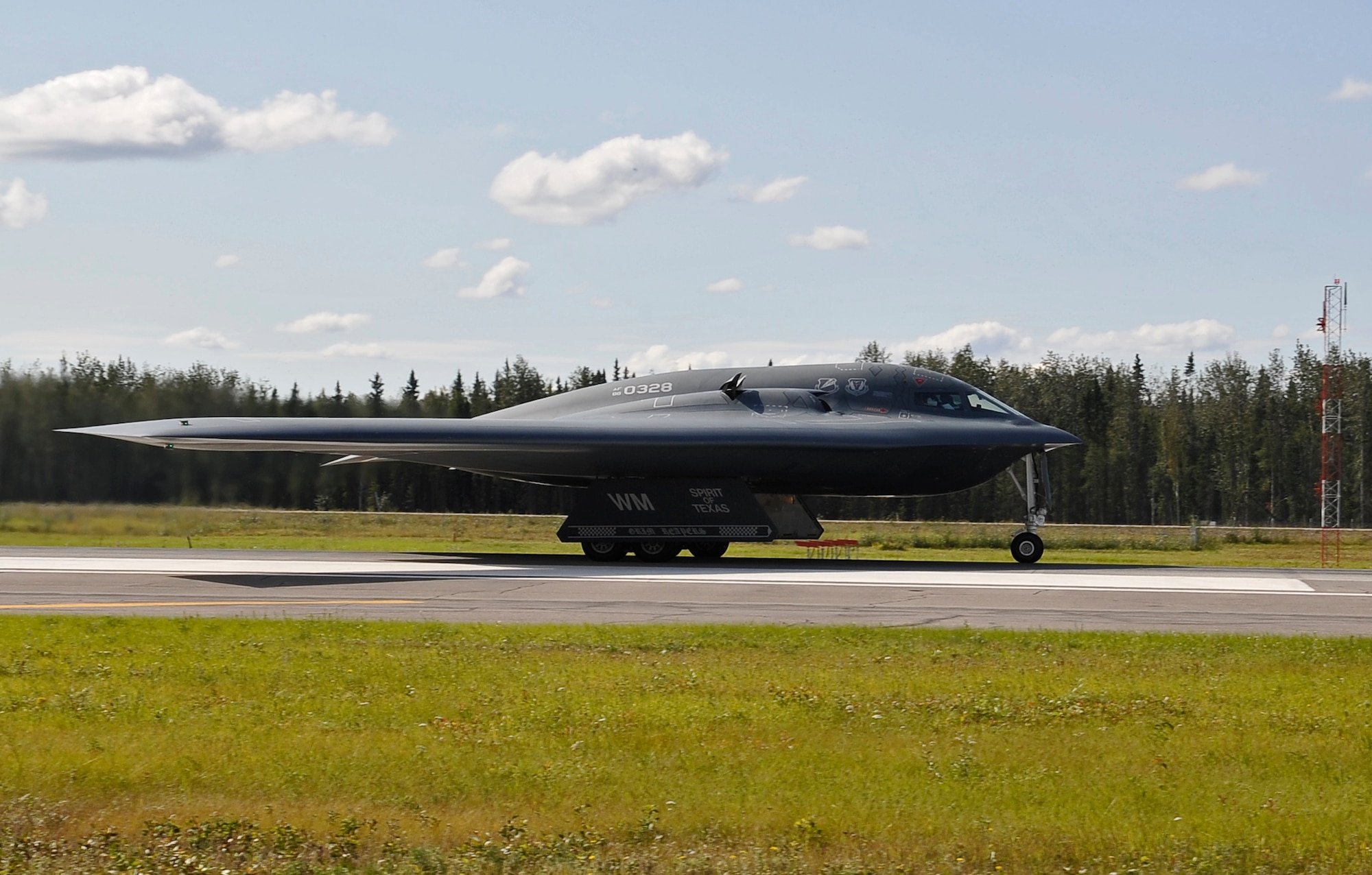 A B-2 Spirit, “Spirit of Texas” waits for the signal to take-off for a training mission during RED FLAG-Alaska 12-3 Aug. 6, 2012.  The B-2 is participating in RF-A, a Pacific Air Forces-sponsored, joint/coalition, tactical air combat employment exercise.  The B-2 is assigned to the 509th Bomb Wing, Whiteman Air Force Base, Mo.  (U.S. Air Force photo/Staff Sgt. Miguel Lara III)