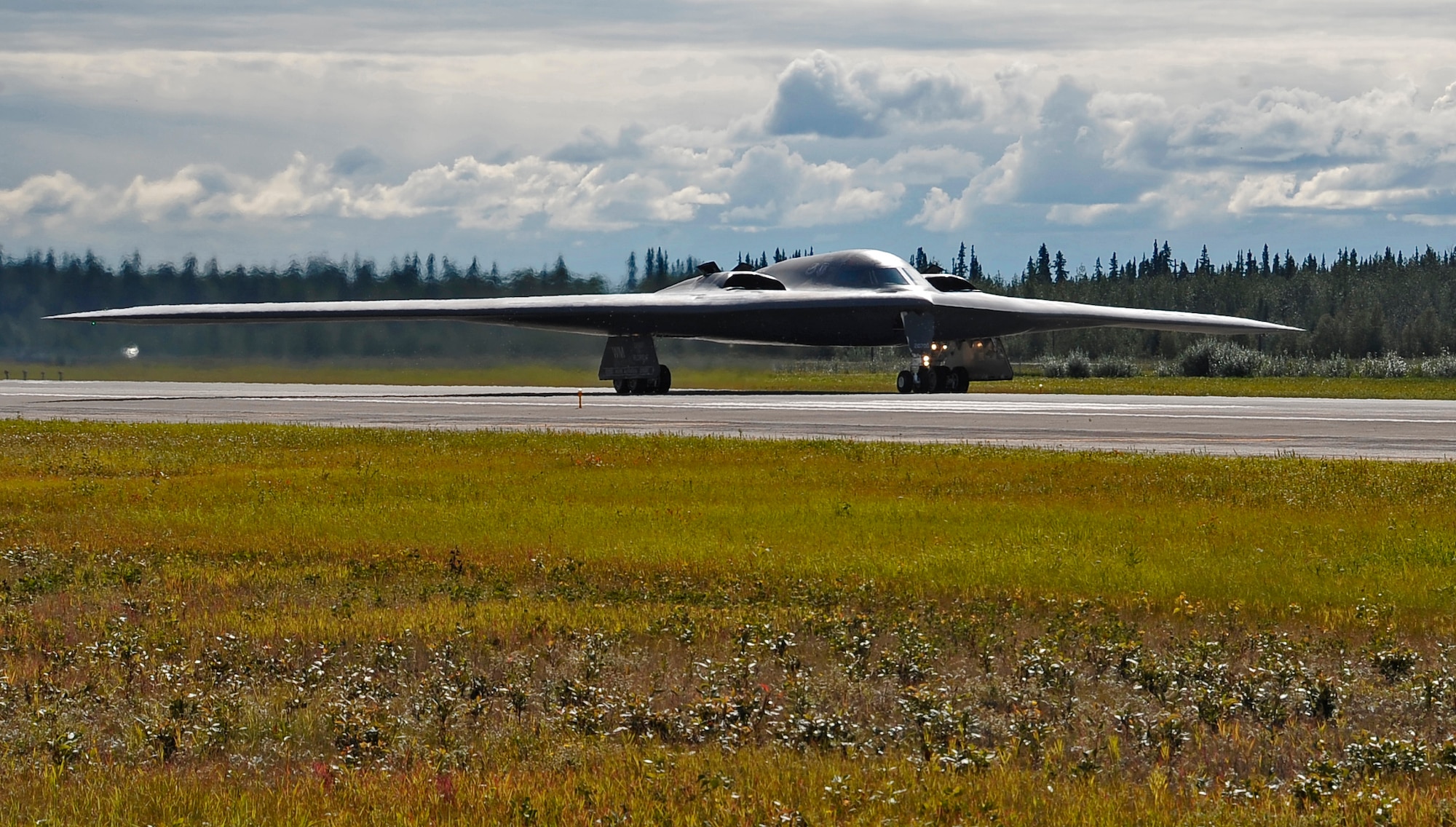 A B-2 Stealth Bomber, “Spirit of Florida” prepares to launch for an afternoon training mission during RED FLAG-Alaska 12-3 Aug. 6, 2012, Eielson Air Force Base, Alaska.   The B-2 Spirit is a multi-role bomber capable of delivering both conventional and nuclear munitions.  The B-2 is assigned to the 509th Bomb Wing, Whiteman Air Force Base, Mo.  (U.S. Air Force photo/Staff Sgt. Miguel Lara III)