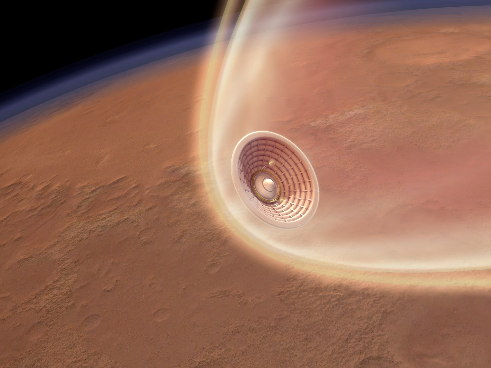 This is an artist's concept of NASA's Hypersonic Inflatable Aerodynamic Decelerator (HIAD) showing the atmospheric entry of a spacecraft. (NASA Artwork)