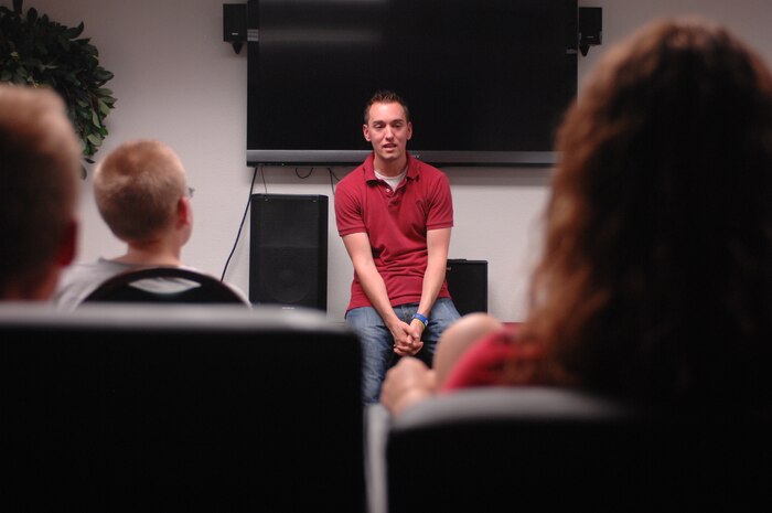 Scott Luebke, Club Beyond director, speaks to middle school and high school aged youth at the Nellis Air Force Base chapel, Aug. 9, 2012. Club Beyond provides a place for youth to gather weekly to play games, socialize and develop friendships among peers.(U.S. Air Force photo by Master Sgt. David Miller)