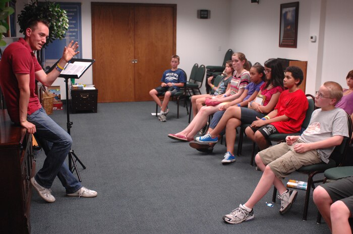 Scott Luebke, Club Beyond director, talks to middle school and high school students at the Nellis Air Force Base chapel, Aug. 9, 2012. Luebke spoke about life issues that impact the lives of young adults. (U.S. Air Force photo by Master Sgt. David Miller)
