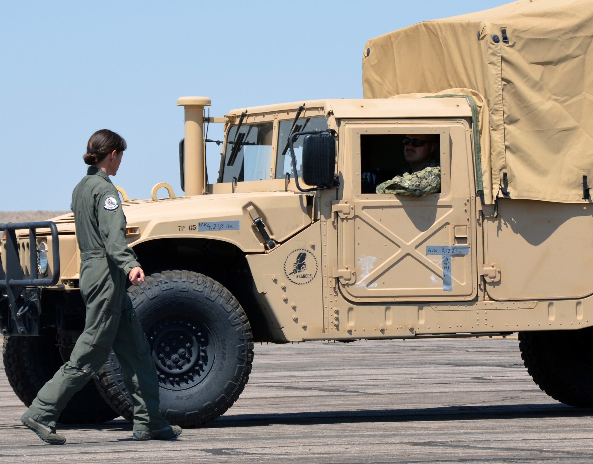 Master Sgt. Michelle Hite of the 326th Airlift Squadron, Dover Air Force Base,
Del., marshals a Naval Seabees’ vehicle into the back of a Dover C-17 Aug. 10 in
Pueblo, Colo. (U.S. Air Force photo by Senior Aiman Kelly Galloway)