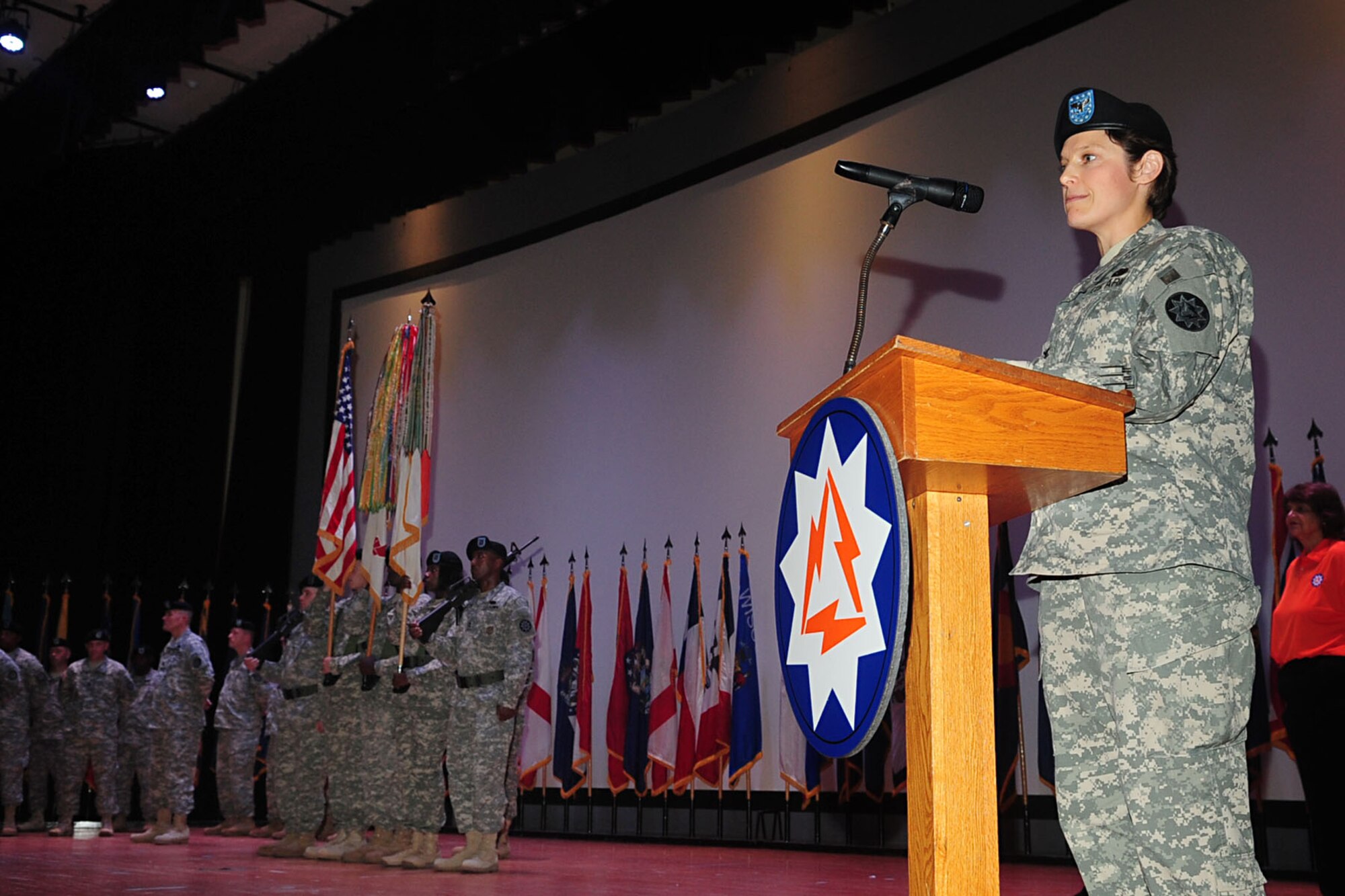 U.S. Army Col. Maria A. Biank, 93rd Signal Brigade commander, delivers her speech during the change of command ceremony at fort Eustis, Va., Aug. 13, 2012. The brigade is subordinate to the 7th Signal Command, and boasts nearly 1,700 military and civilian personnel. (U.S. Air Force photo by Staff Sgt. Ashley Hawkins/Released)