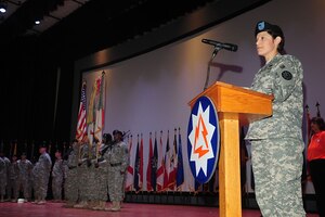 U.S. Army Col. Maria A. Biank, 93rd Signal Brigade commander, delivers her speech during the change of command ceremony at fort Eustis, Va., Aug. 13, 2012. The brigade is subordinate to the 7th Signal Command, and boasts nearly 1,700 military and civilian personnel. (U.S. Air Force photo by Staff Sgt. Ashley Hawkins/Released)