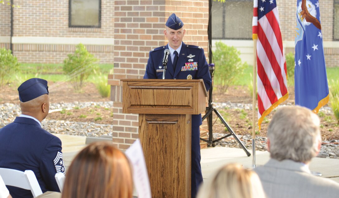 Col. William Knight, 11th Wing/Joint Base Andrews commander, addresses Team Andrews members at the Andrews Temporary Living Facility grand opening ceremony at Joint Base Andrews, Md. on Aug. 14, 2012.  The new facility is among the best in the armed forces and will serve Andrews families for decades to come, Knight said. (U.S. Air Force photo/Staff Sgt. Torey Griffith)